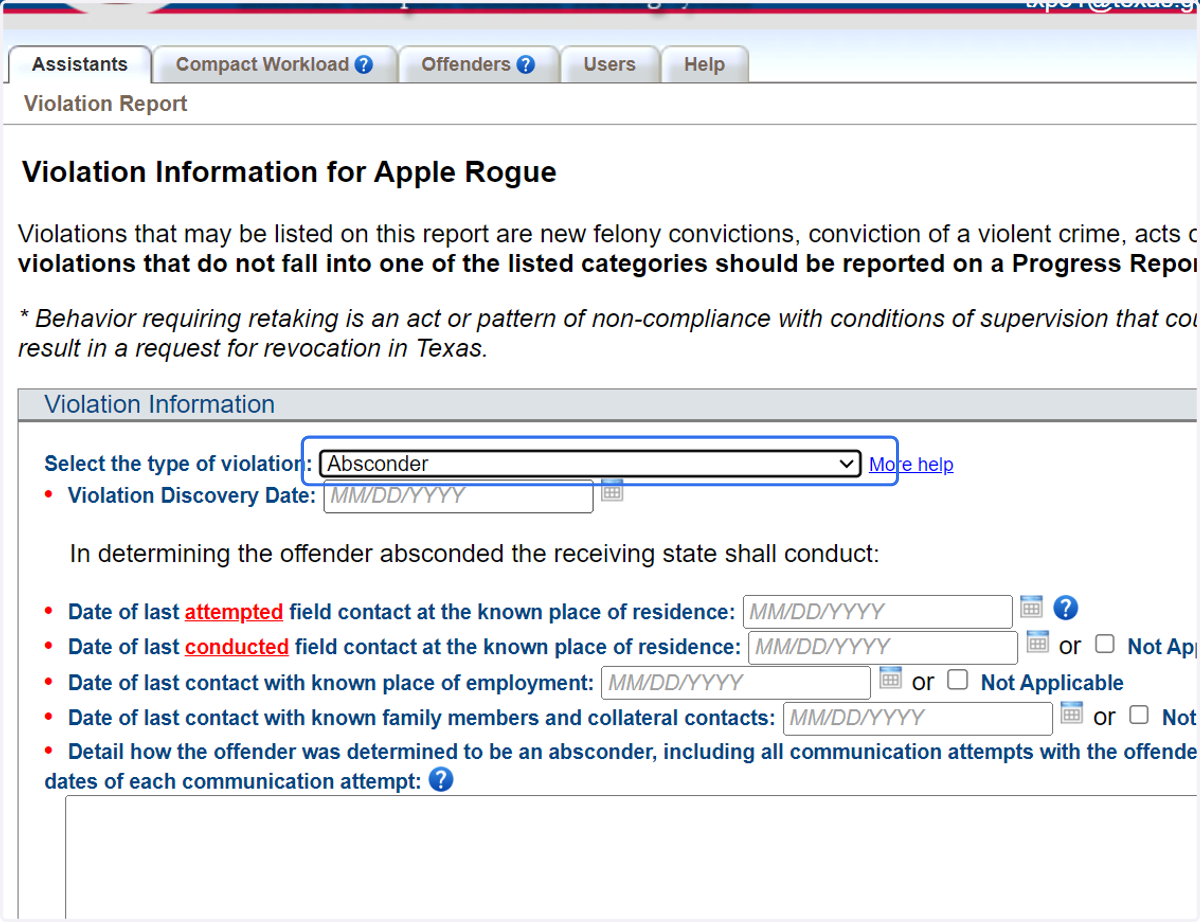 Click on 'Absconder' as Violation Type.