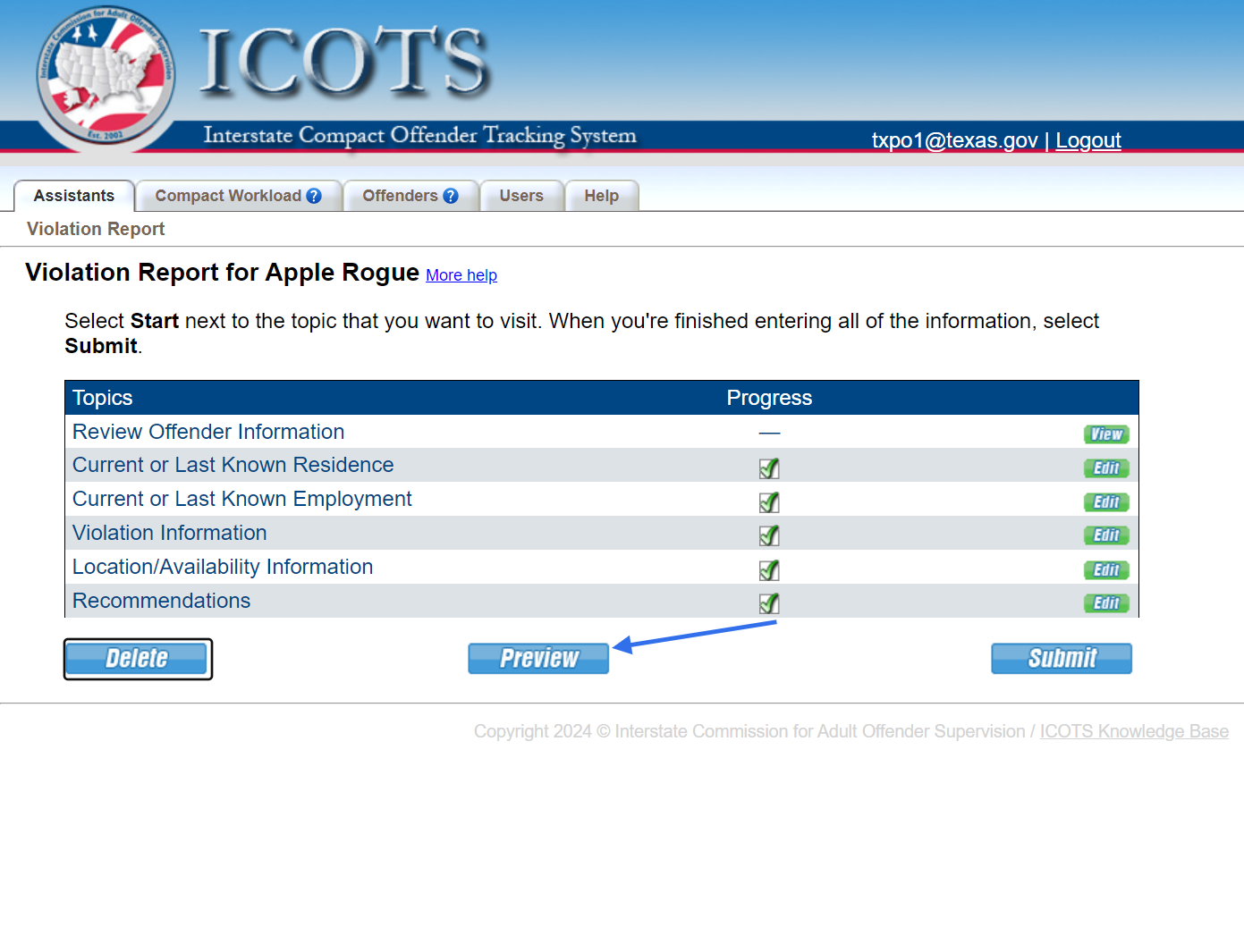 Be sure to preview the Violation Report to view how it will be saved and display in ICOTS. When completed, click 'Submit.'