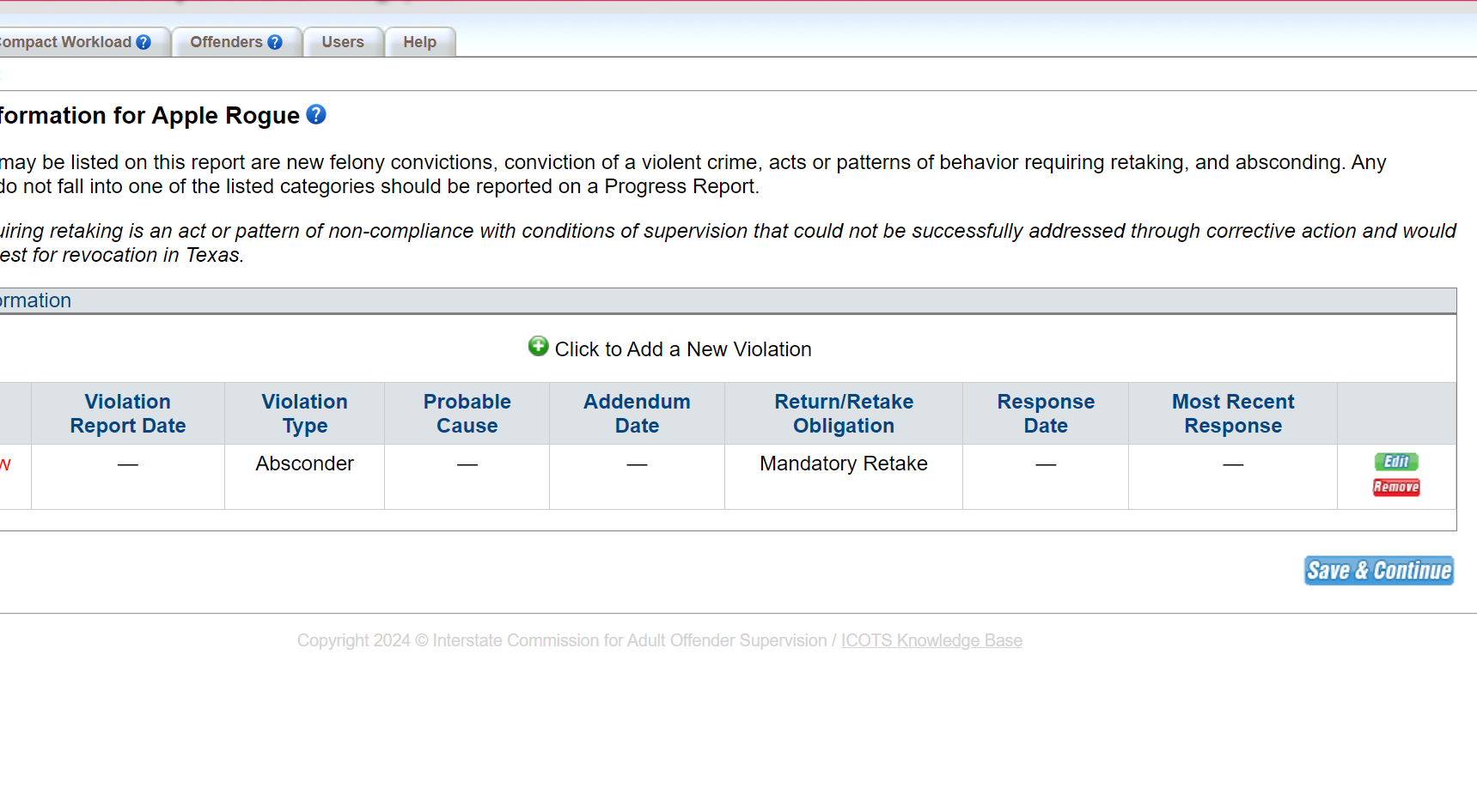 Review Violation Overview, then 'Save & Continue' to proceed.