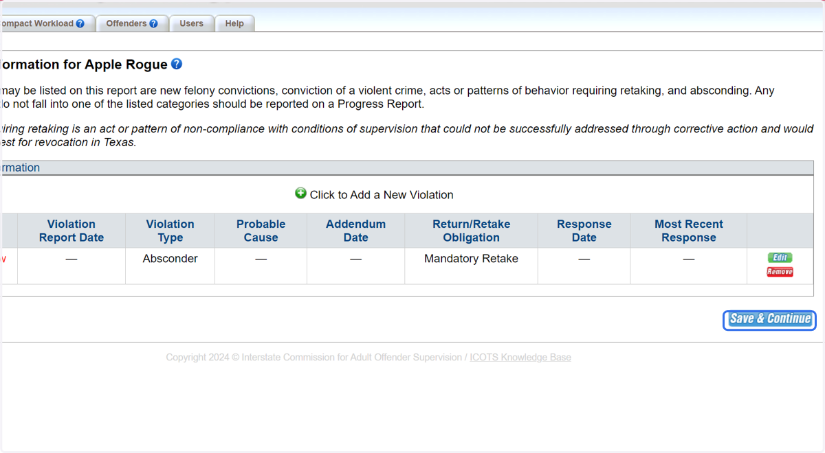 Review Violation Overview, then 'Save & Continue' to proceed.