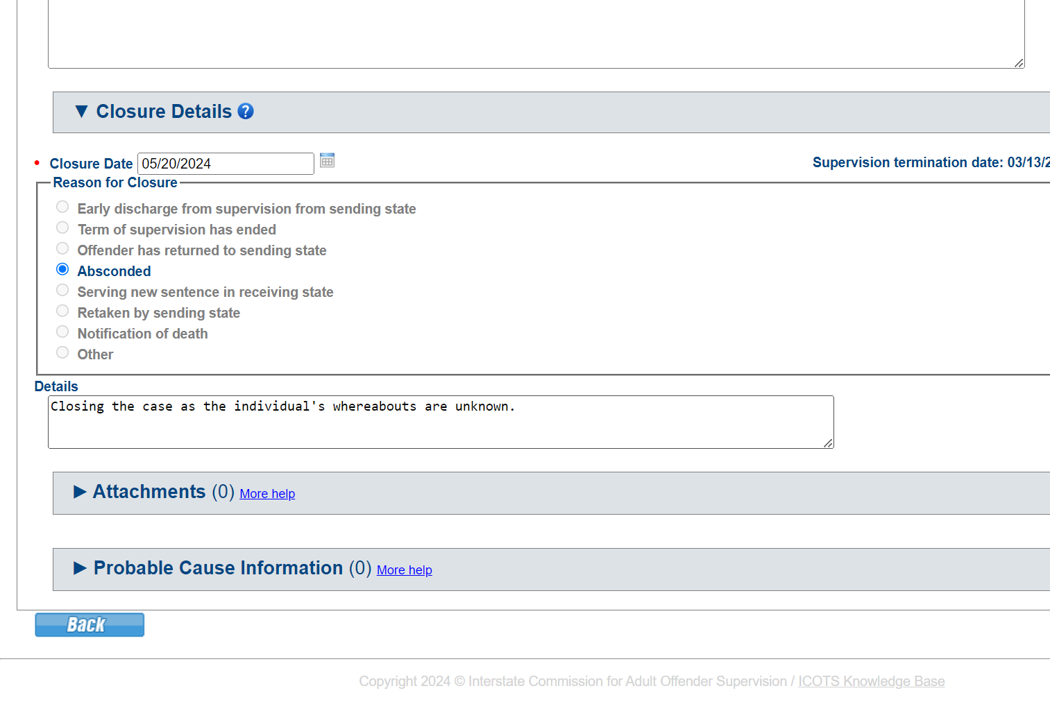 Provide details for the closure notice that is created when the violation report is created.