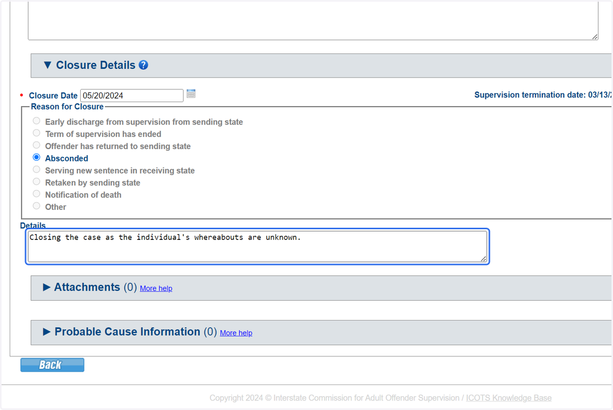 Provide details for the closure notice that is created when the violation report is created.