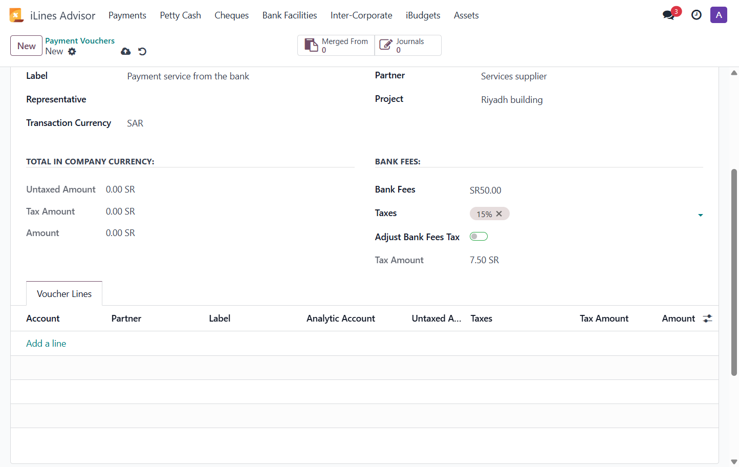 Add bank fees, choose tax, and activate the option if the price includes tax.