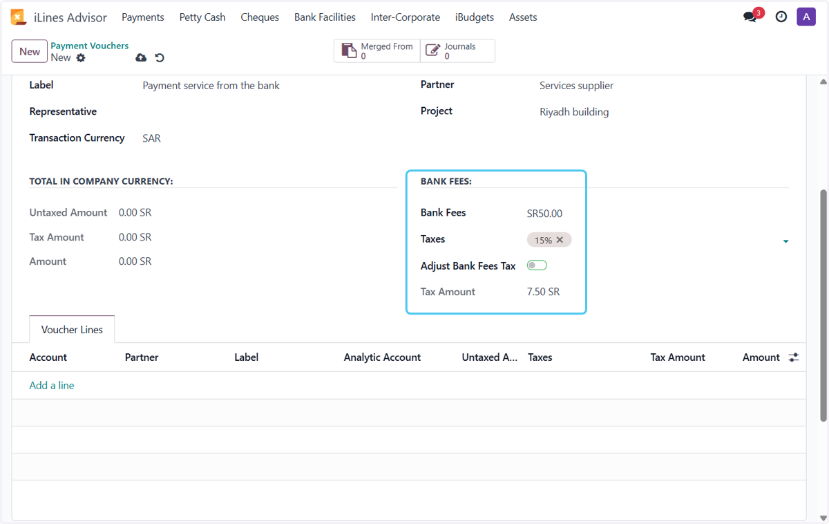 Add bank fees, choose tax, and activate the option if the price includes tax.