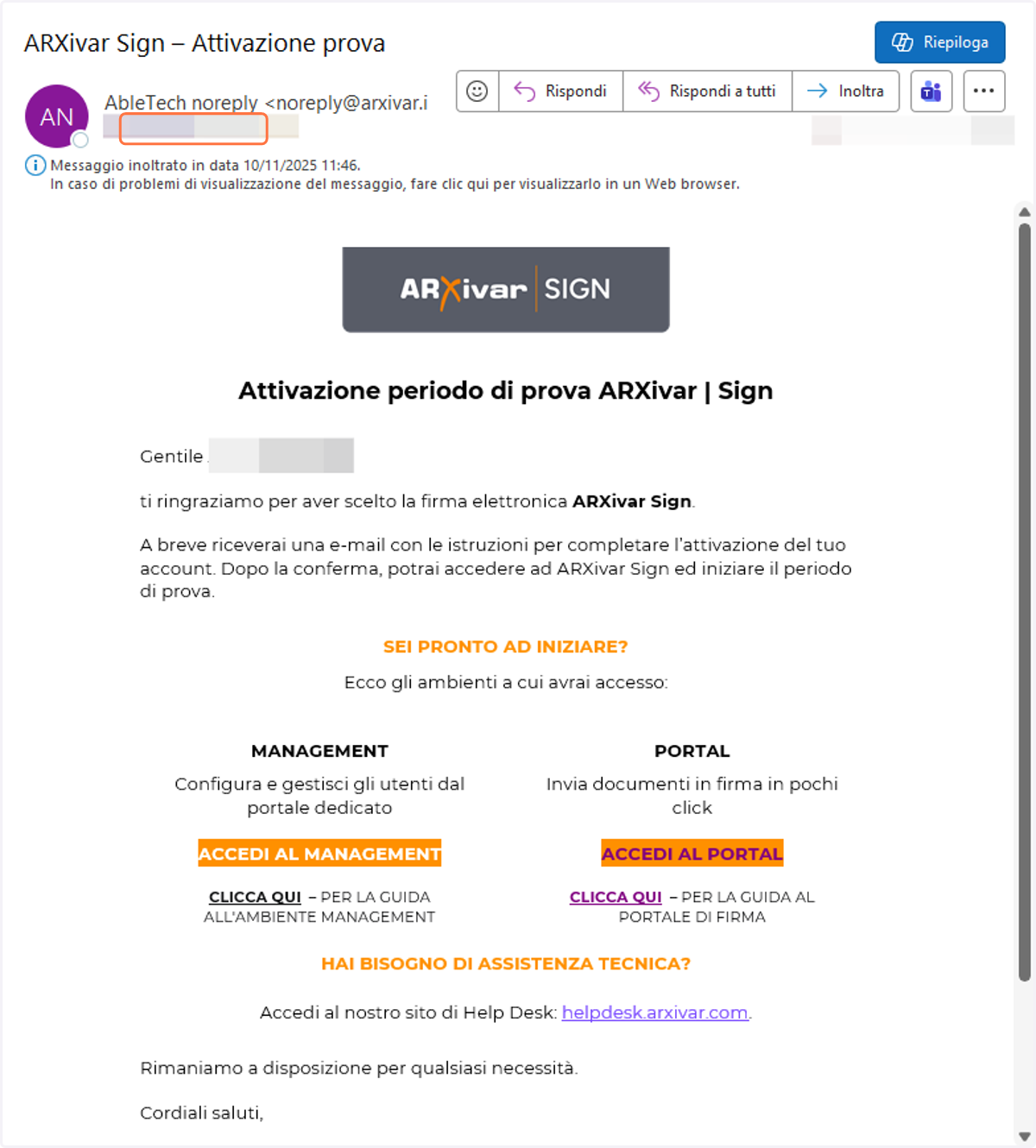 Alla ricezione dell'email di benvenuto, cliccare su "ACCEDI AL PORTAL"