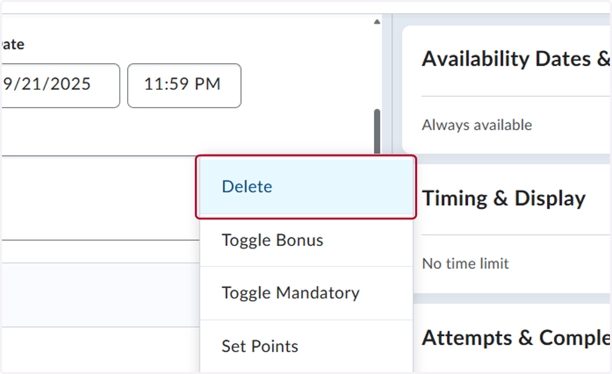 You can make an edit to the question by deleting, toggle bonus, toggle mandatory, or set points for each question selected.