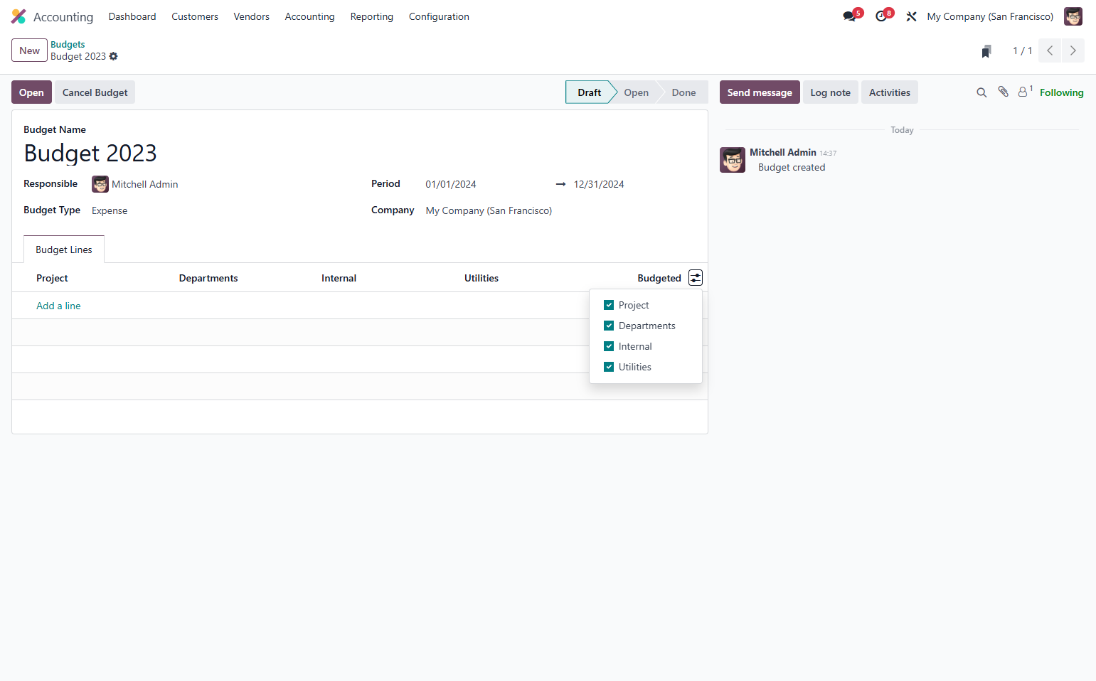 Click on highlight for dropdown menu to allow/disallow analytic plans included in the budget