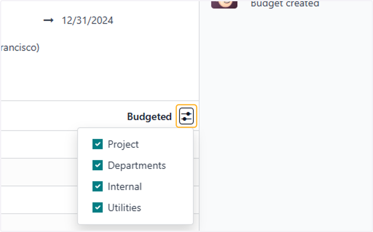 Click on highlight for dropdown menu to allow/disallow analytic plans included in the budget