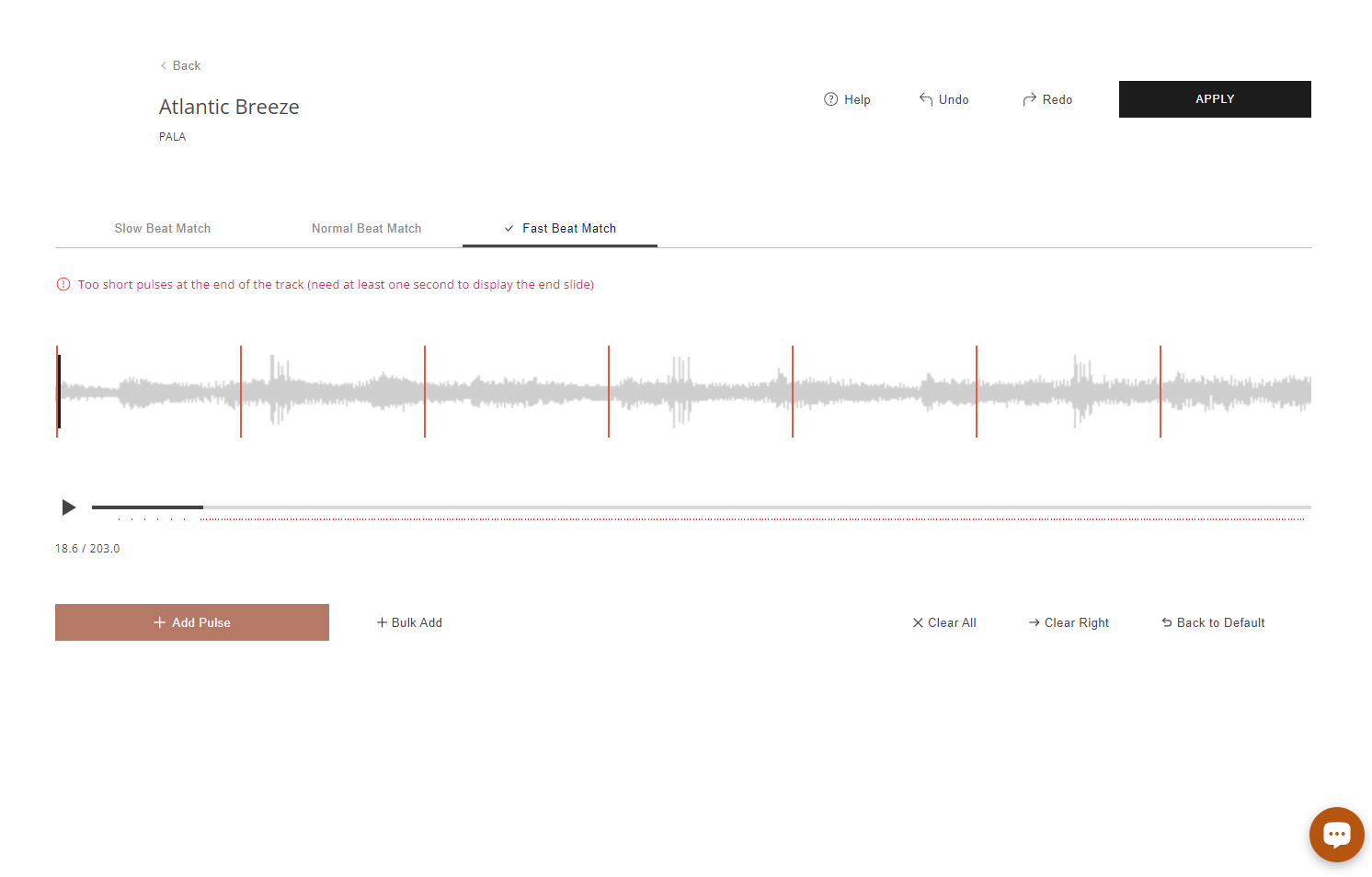 When you are done editing your beat match, click "Apply" in the top right corner to return to the Music Library.