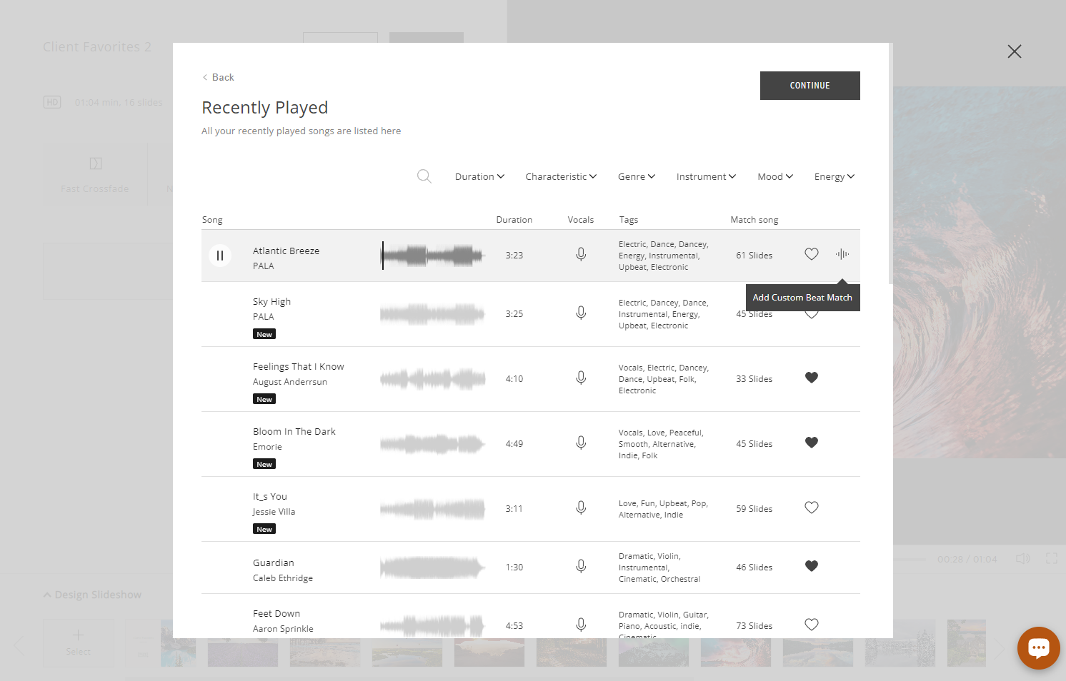 Select the desired track, and click the "Customize Beat Match" icon to edit the track’s beat match.