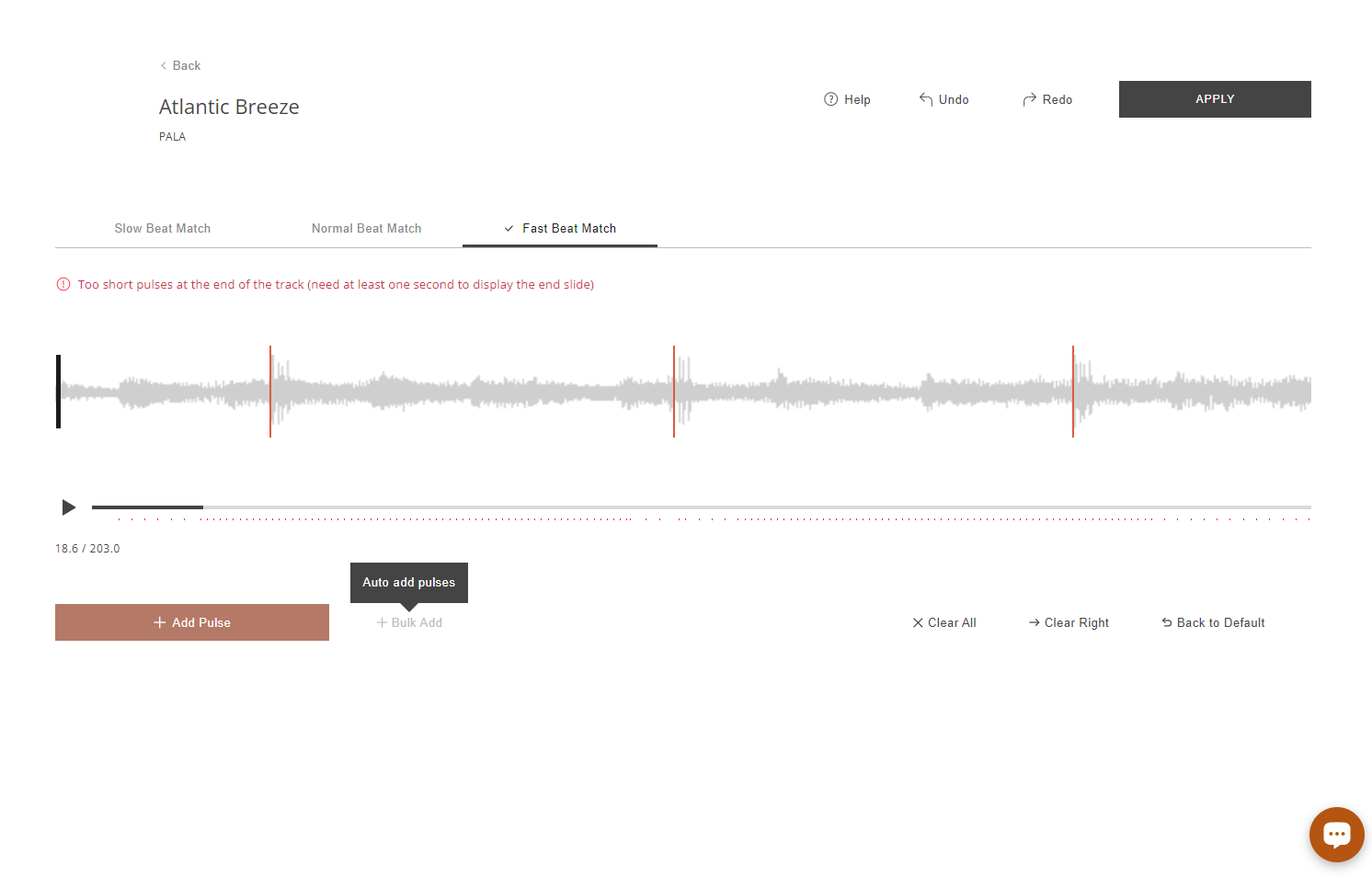 Click "+ Bulk Add" to easily add pulses to the entire track. You will see a preview red bar for each pulse on the timeline.