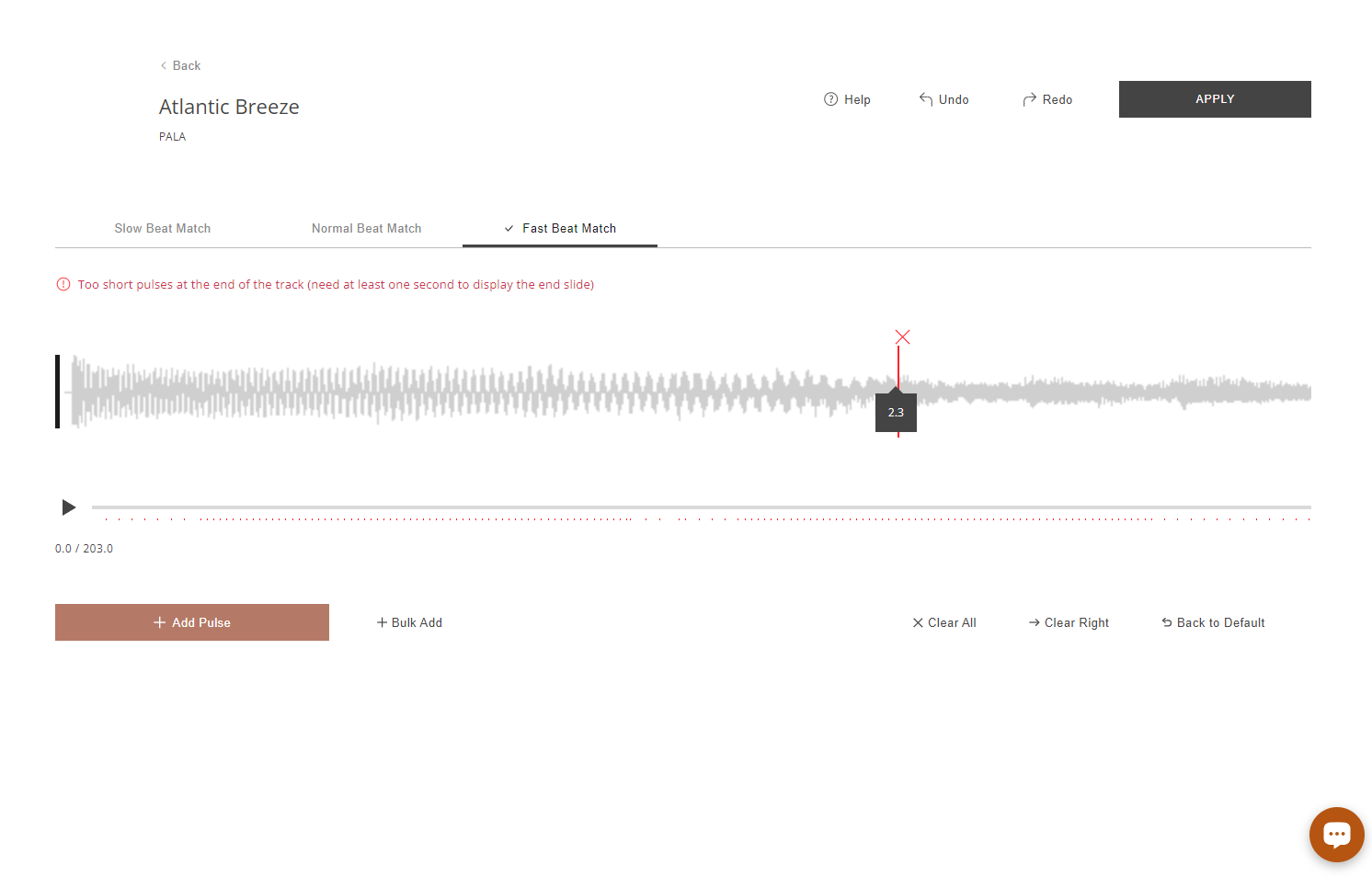 Each red bar on the track timeline indicates a beat. You can click and drag to adjust, or click on the "x" above the pulse to delete it.