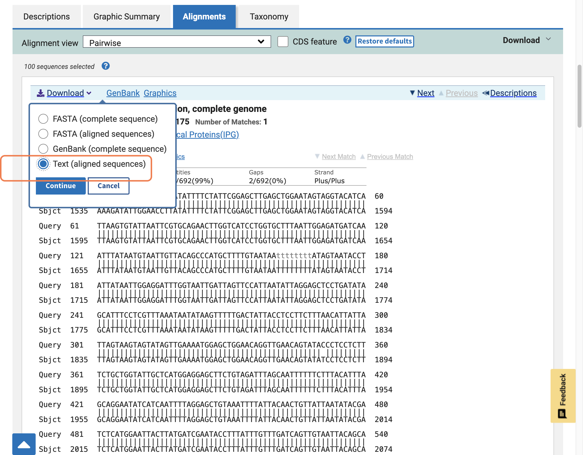 Select 'Text (aligned sequences)'.