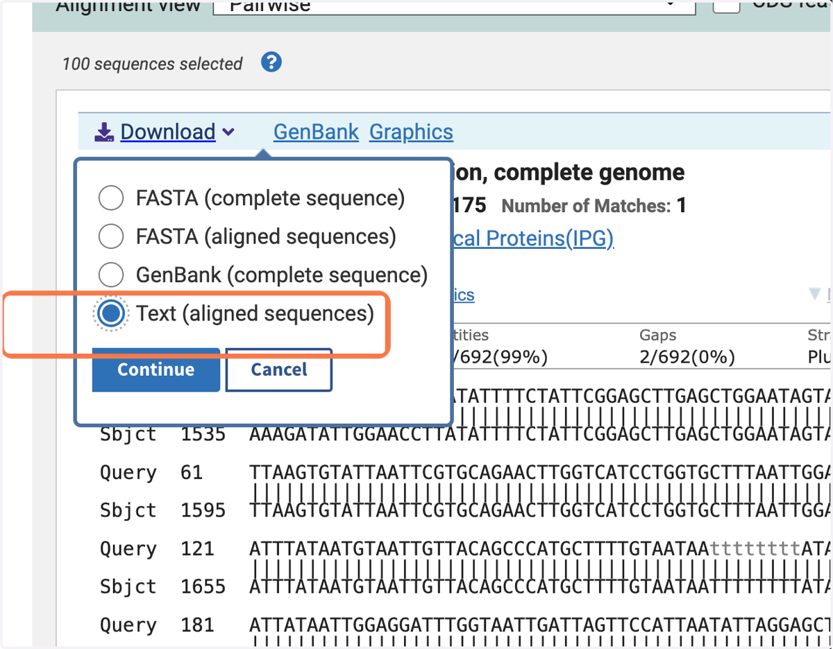 Select 'Text (aligned sequences)'.