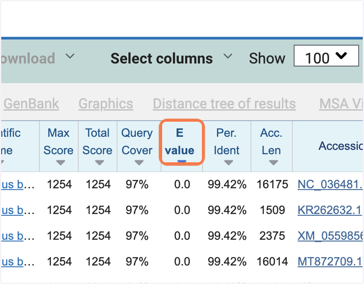 In a column to the right, the 'E value' or Expectation value, is the number of alignments with the query sequence that would be expected to occur by chance in the database.