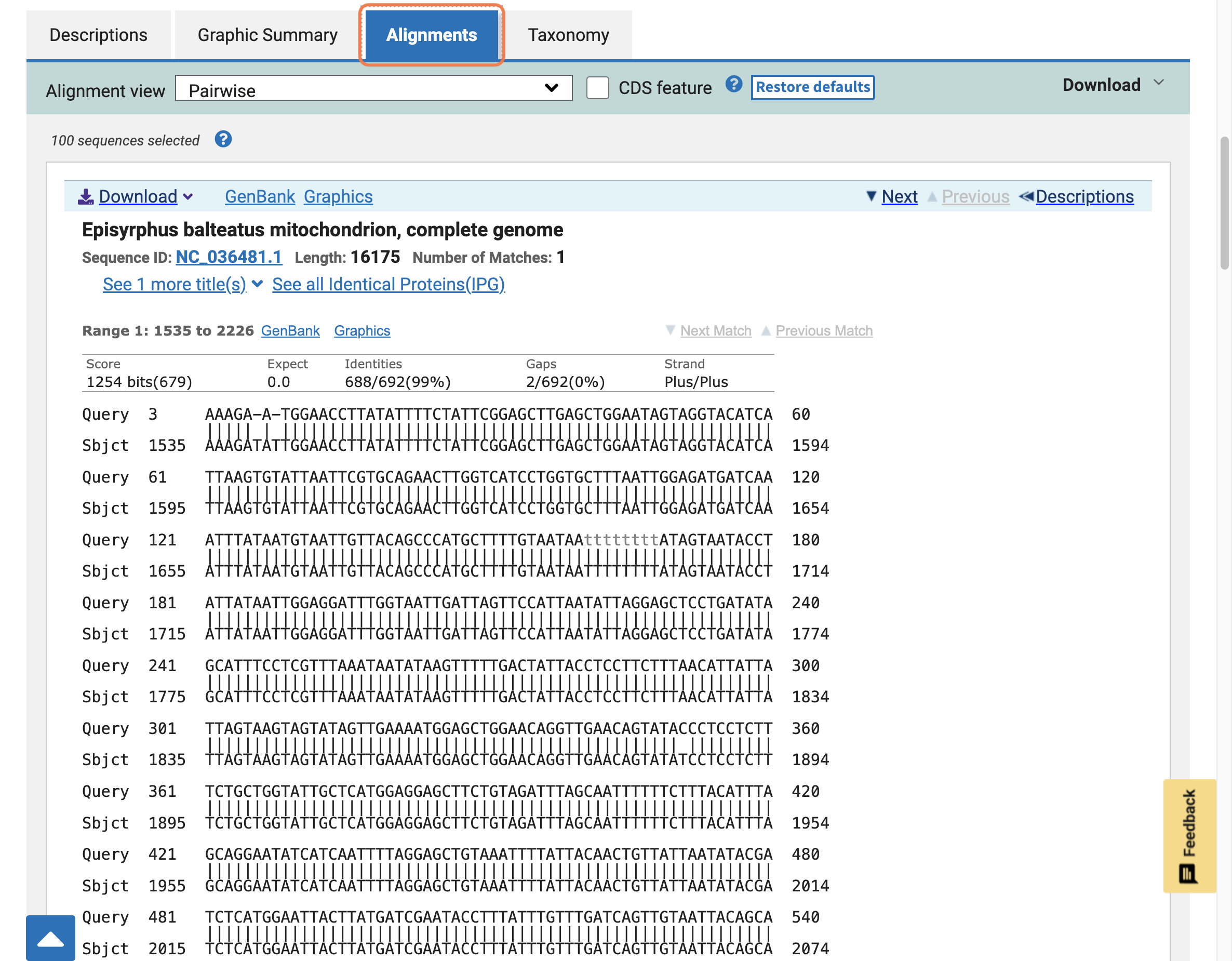 On the 'Alignments' tab there is a detailed view of each sequence from the database aligned to the query sequence.