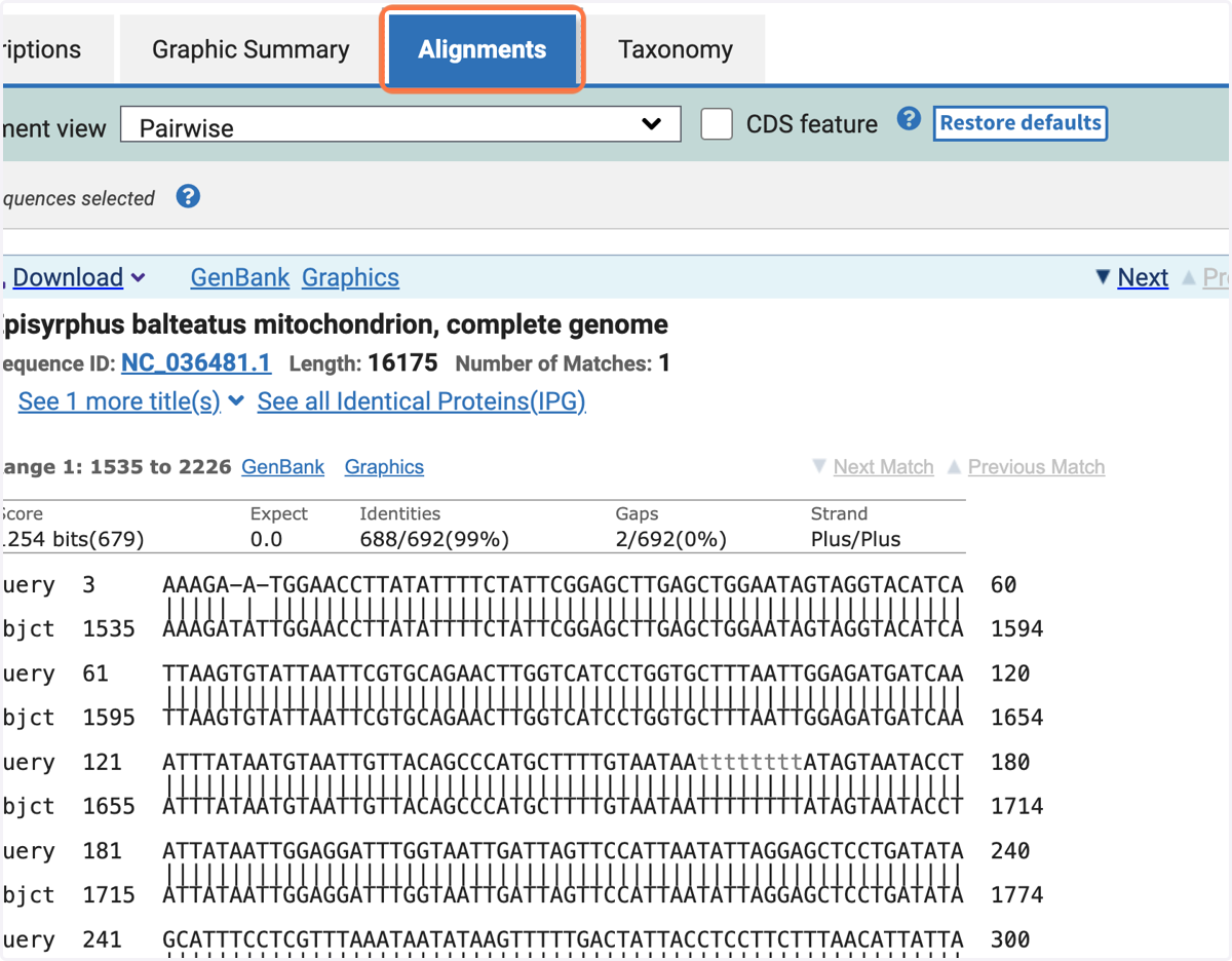 On the 'Alignments' tab there is a detailed view of each sequence from the database aligned to the query sequence.