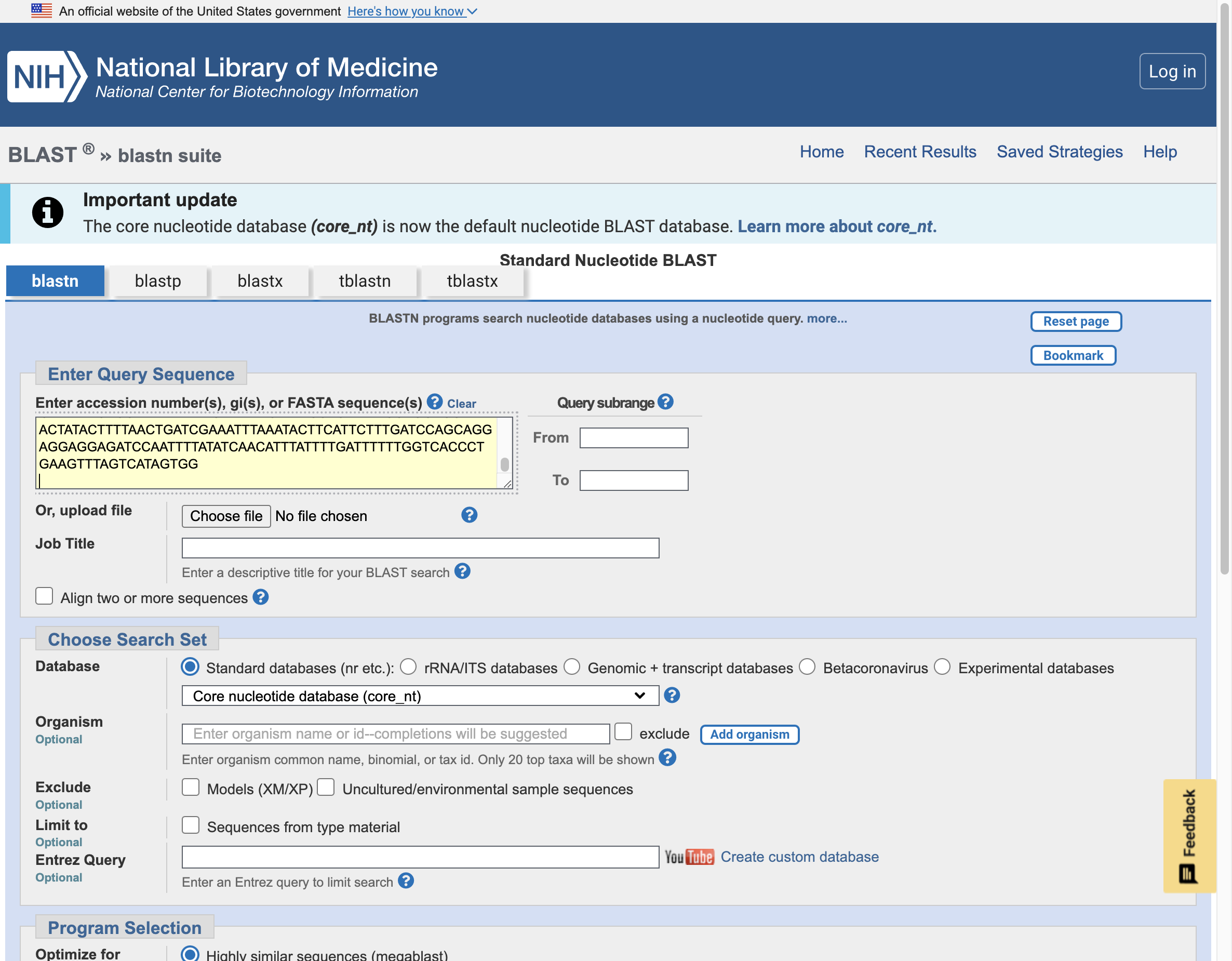 On the blastn tab, in the white box in the 'Enter Query Sequence' section, copy and paste the >, name and sequence for your DNA barcode.