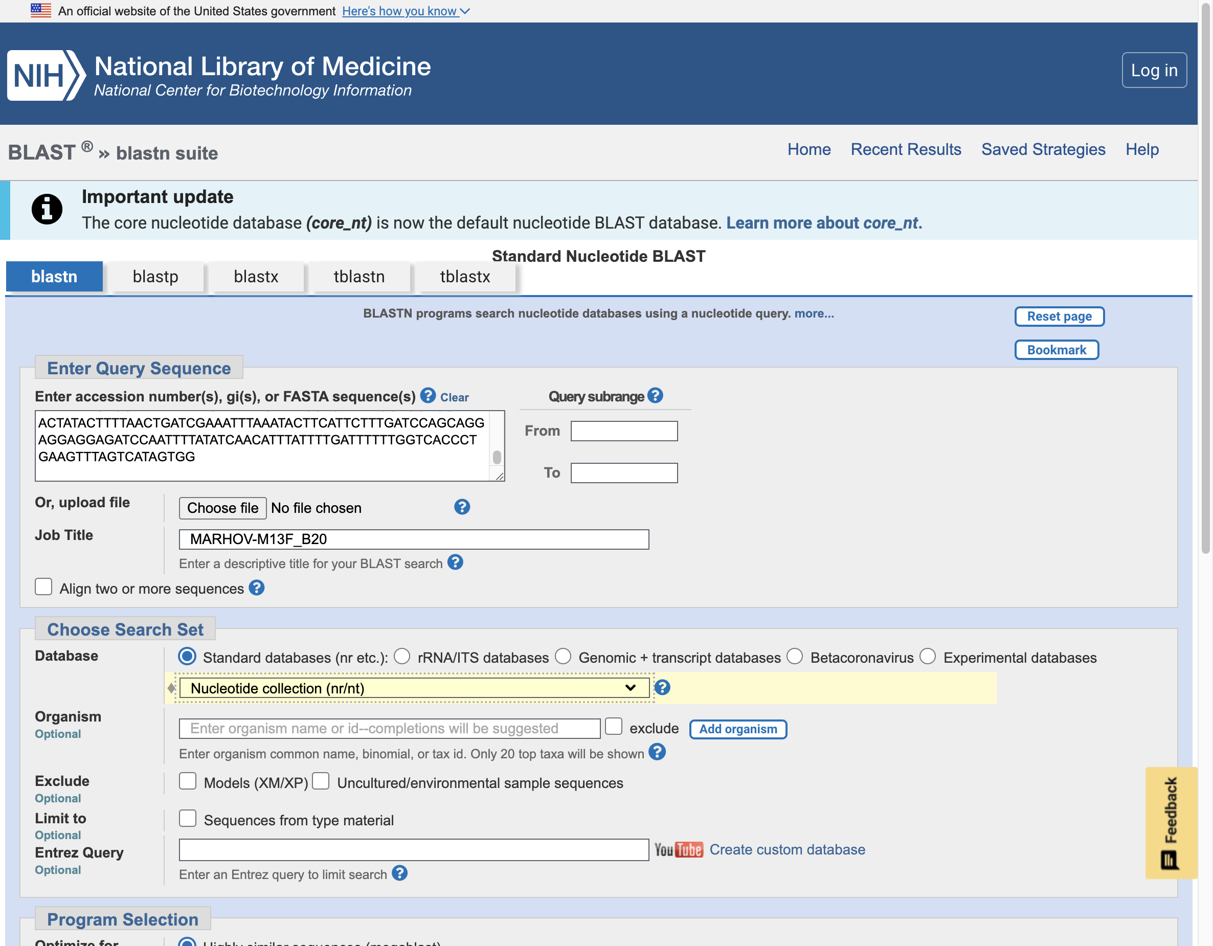 Select 'Nucleotide collection (nr/nt)' from the drop down menu.