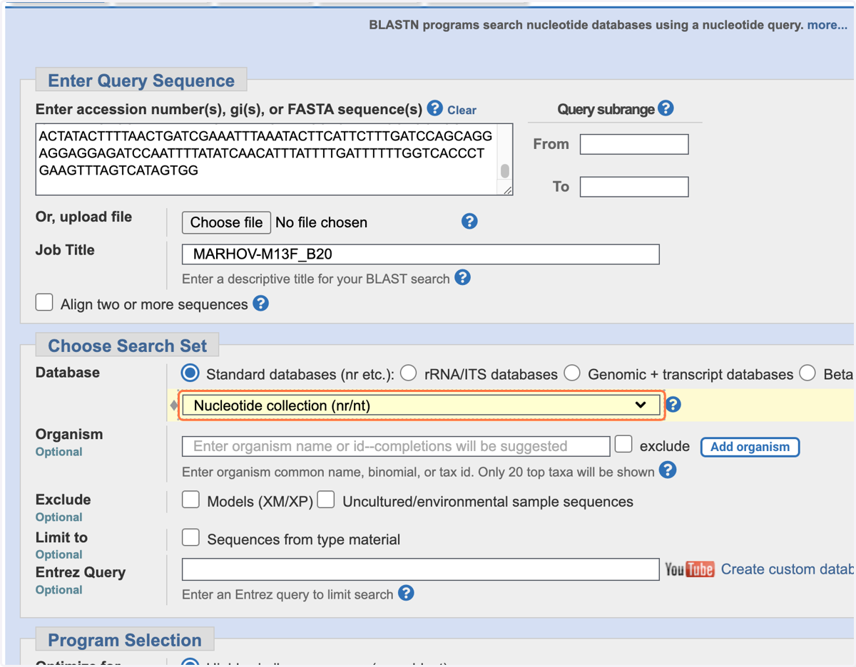 Select 'Nucleotide collection (nr/nt)' from the drop down menu.