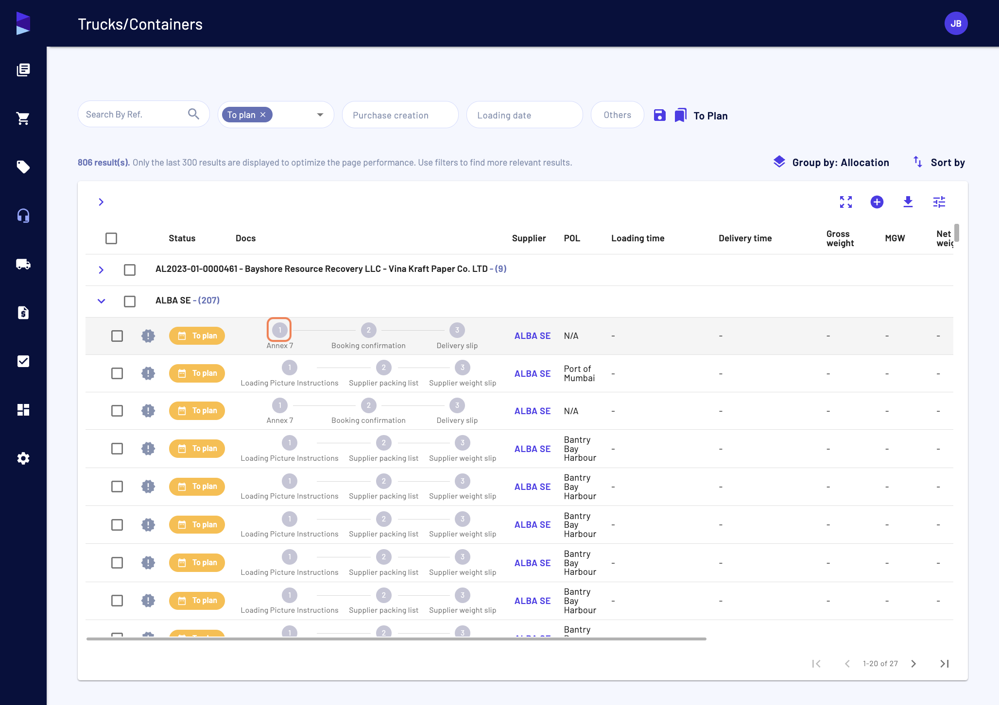 In the "Trucks/Containers" page you can access the document stepper and click on a given step