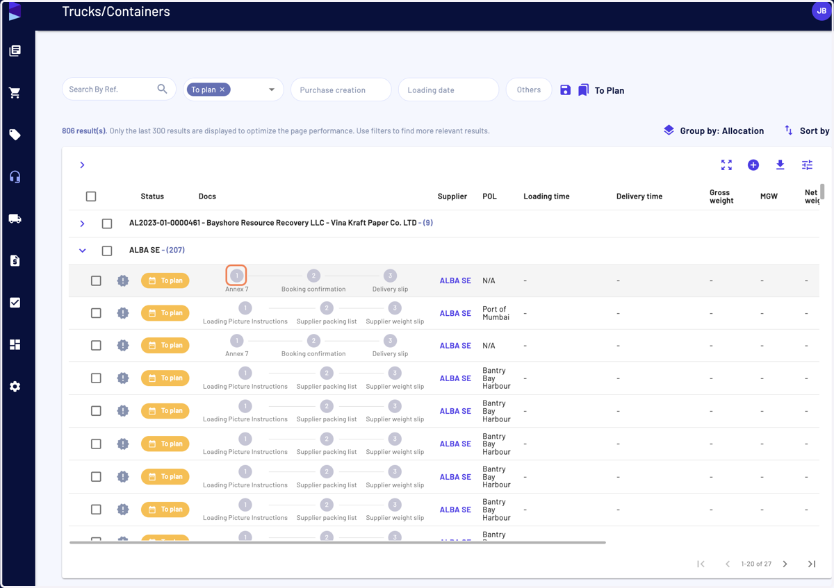 In the "Trucks/Containers" page you can access the document stepper and click on a given step