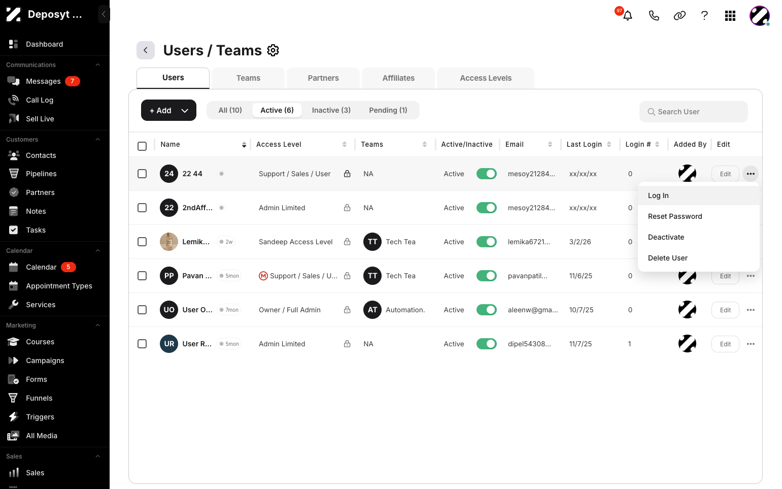Step 4: You will now be on the Users tab, which opens by default. Click the three-dot menu button for the user you want to update. A pop-up menu will appear, where you can Log in as that user, Reset Password, Deactivate, or Delete the user.