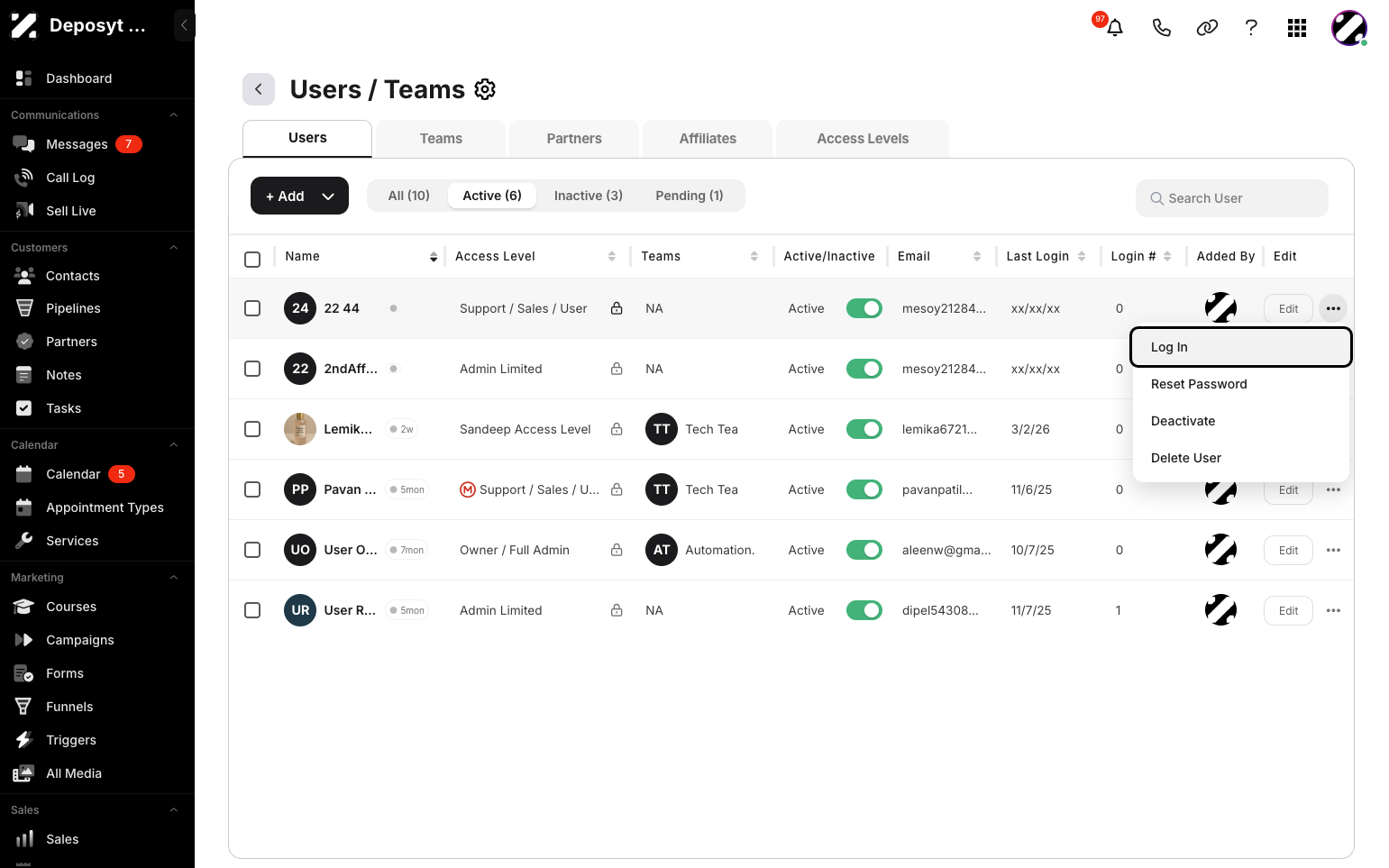 Step 4: You will now be on the Users tab, which opens by default. Click the three-dot menu button for the user you want to update. A pop-up menu will appear, where you can Log in as that user, Reset Password, Deactivate, or Delete the user.
