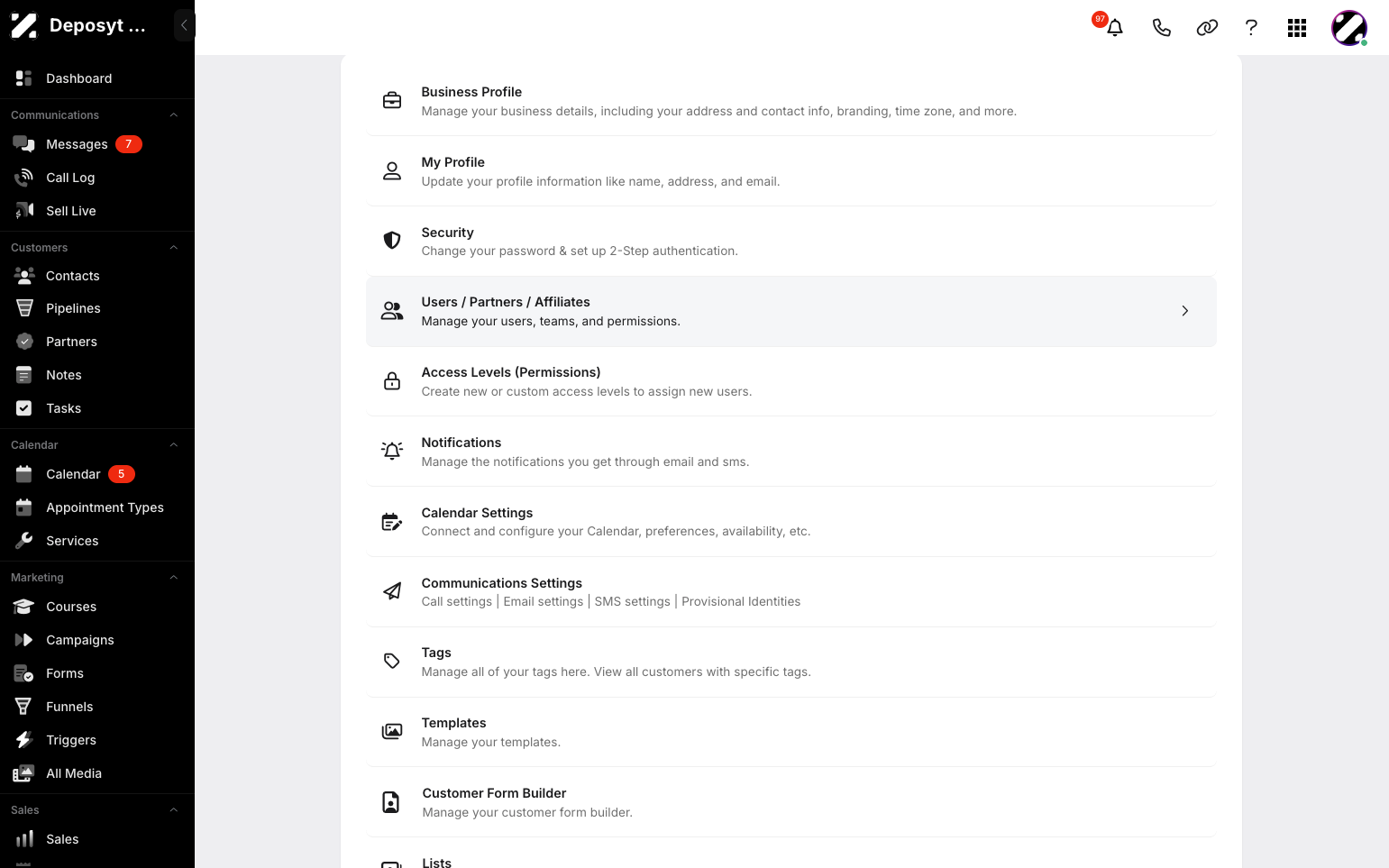 Step 3: You will then be navigated to the Settings page. Click on Users / Partners / Affiliates