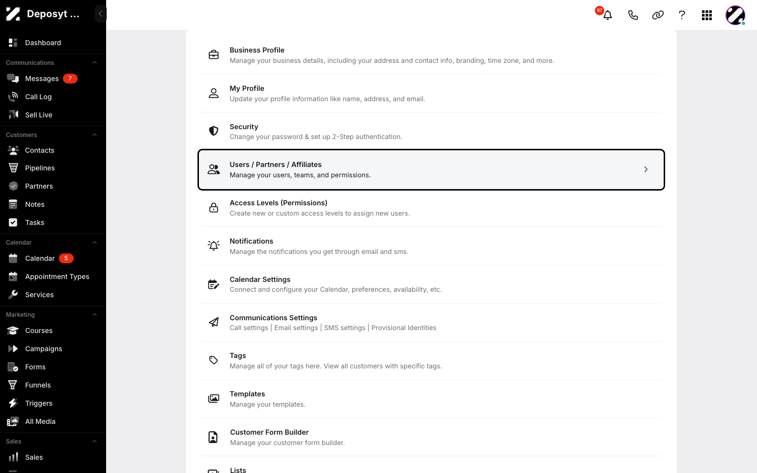 Step 3: You will then be navigated to the Settings page. Click on Users / Partners / Affiliates