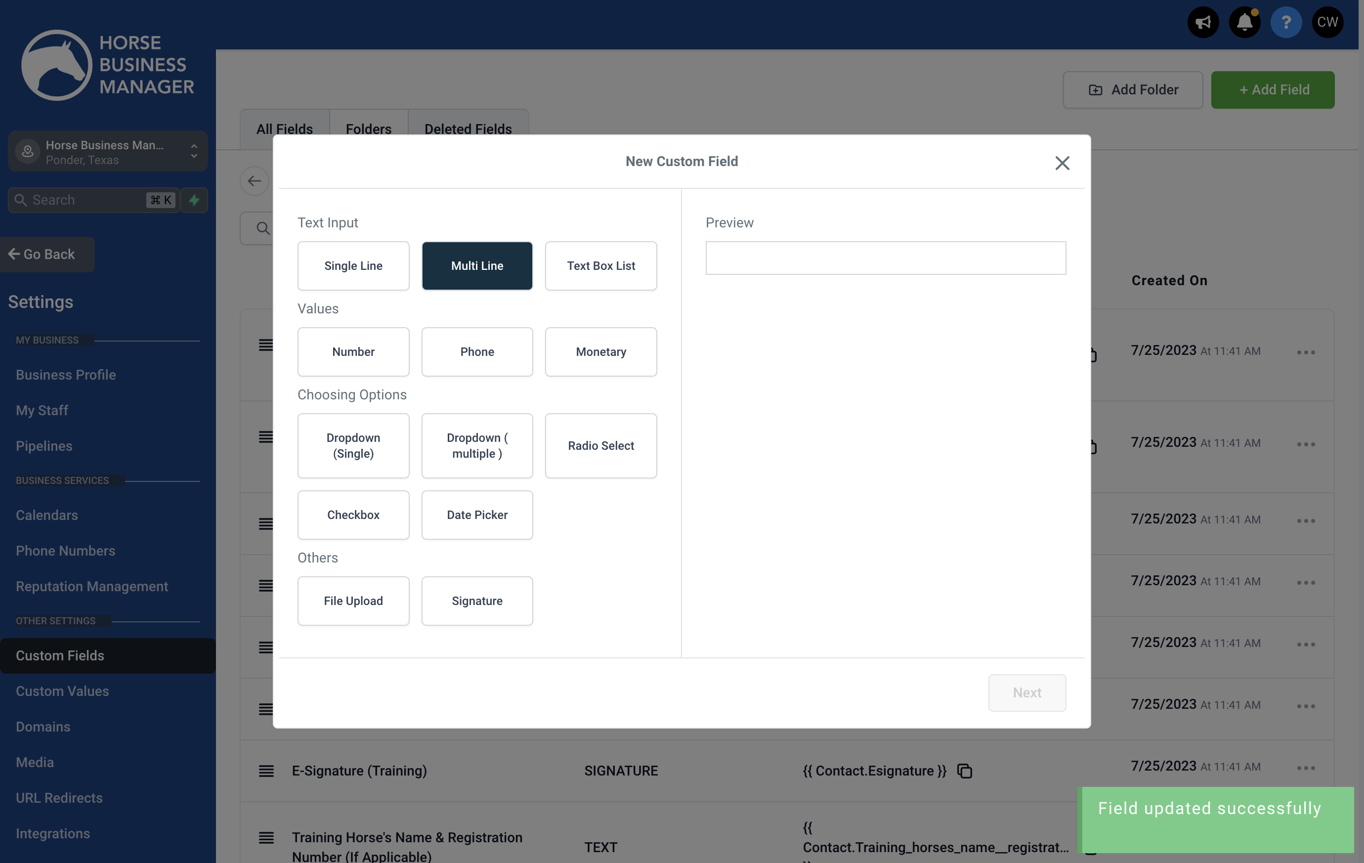 Select the type of field you want to add
