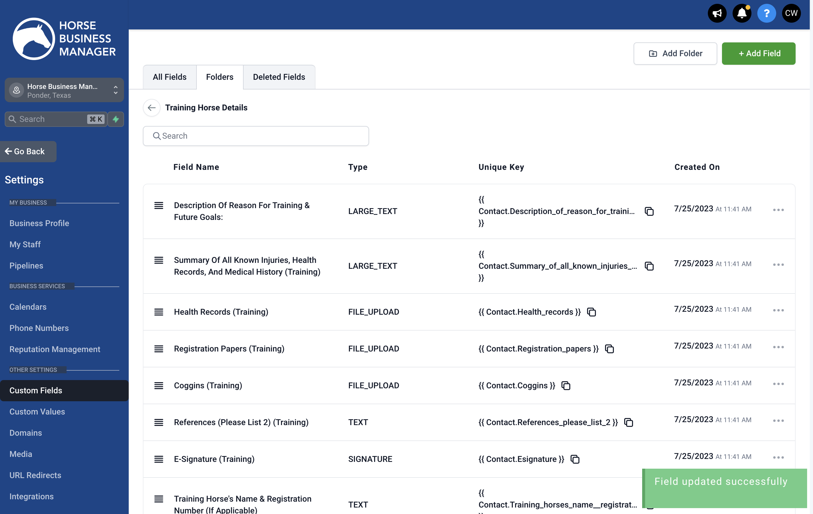 If you want to add a new Custom Field to the folder, click Add Field