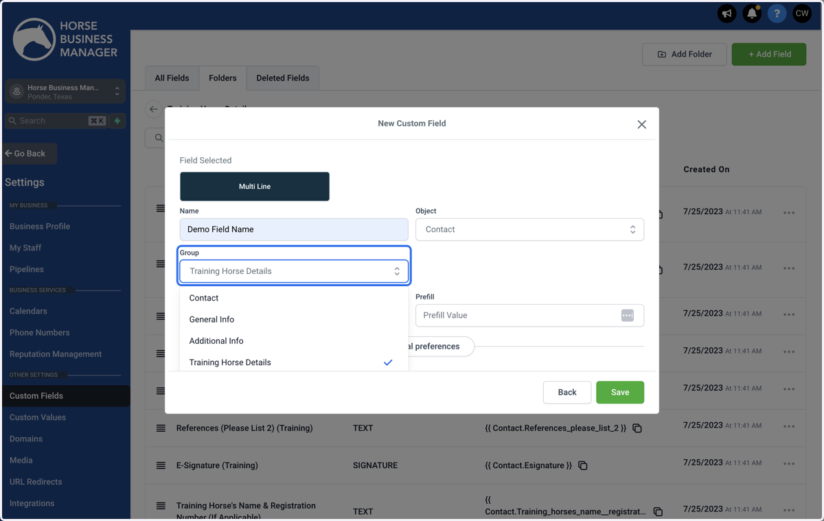 Select the Group (folder) that you want this field to show up in