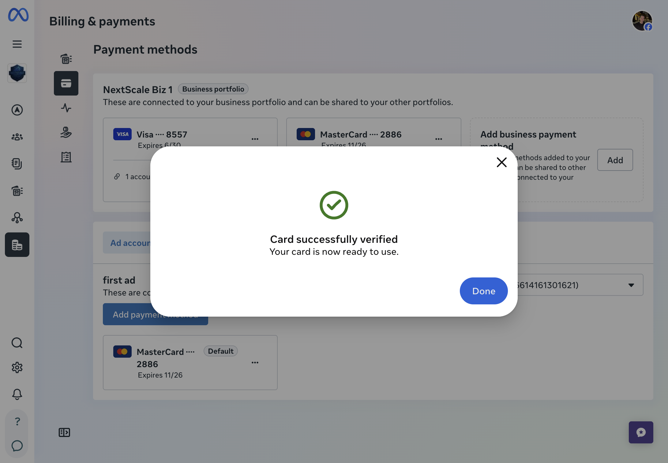 A. Click on Billing payment flow B. Click on Done