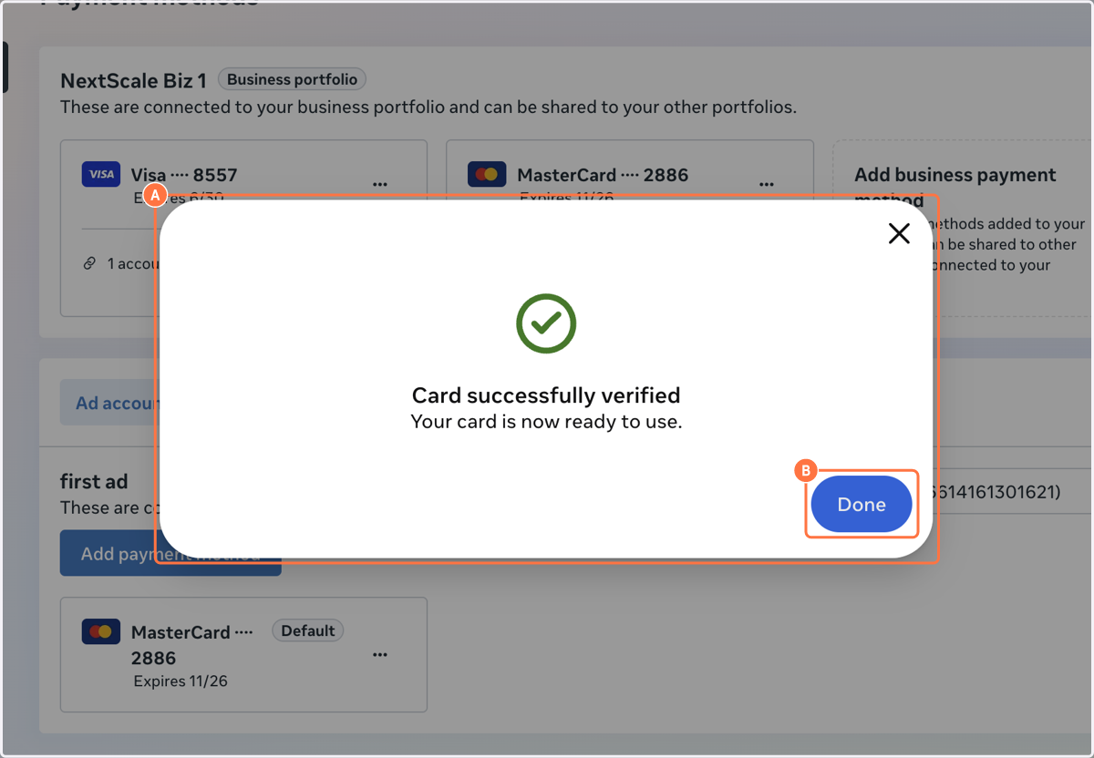 A. Click on Billing payment flow B. Click on Done