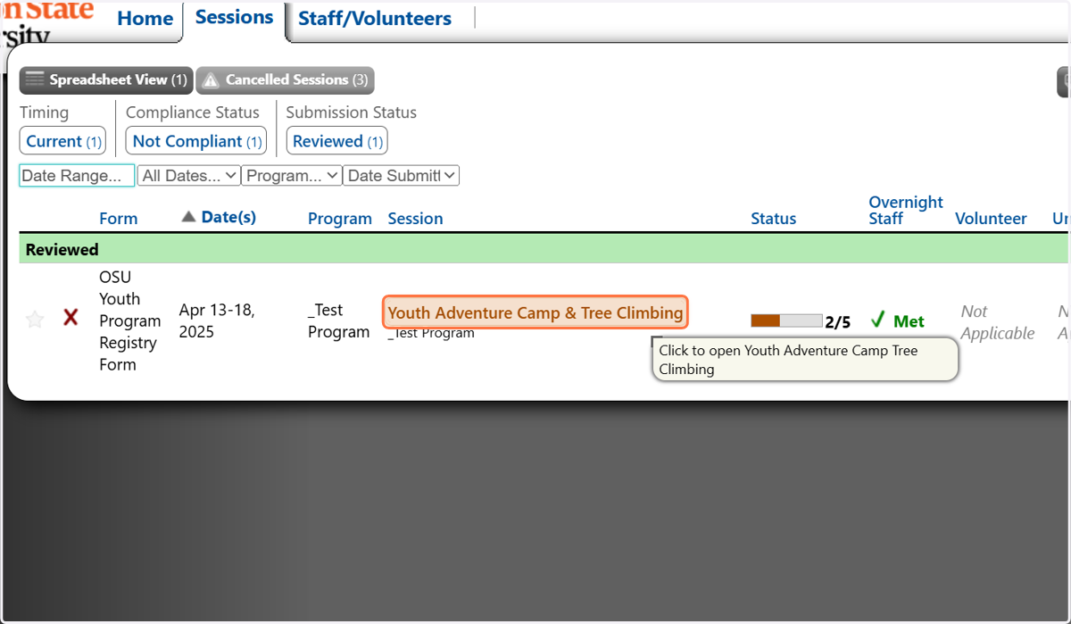 Click on the session you want to open