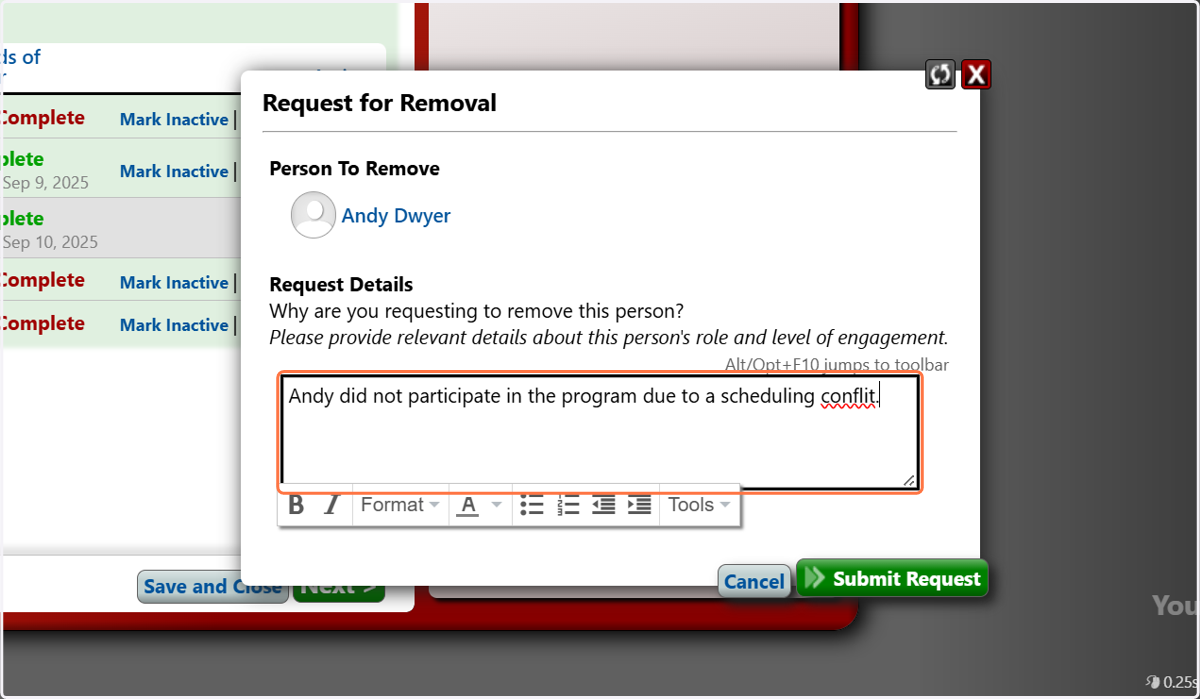 Briefly explain why the individual needs to be removed