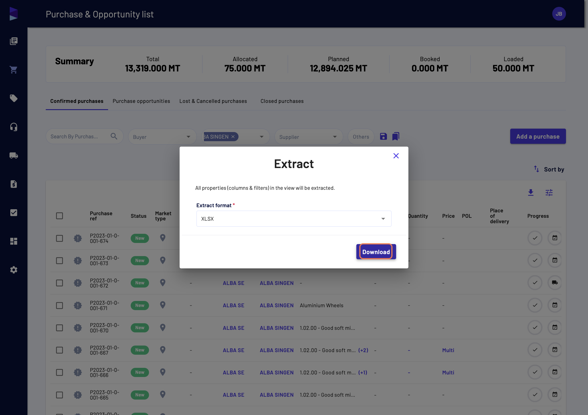 Select the extract format (.XLSX or .CSV) and click on "Download"