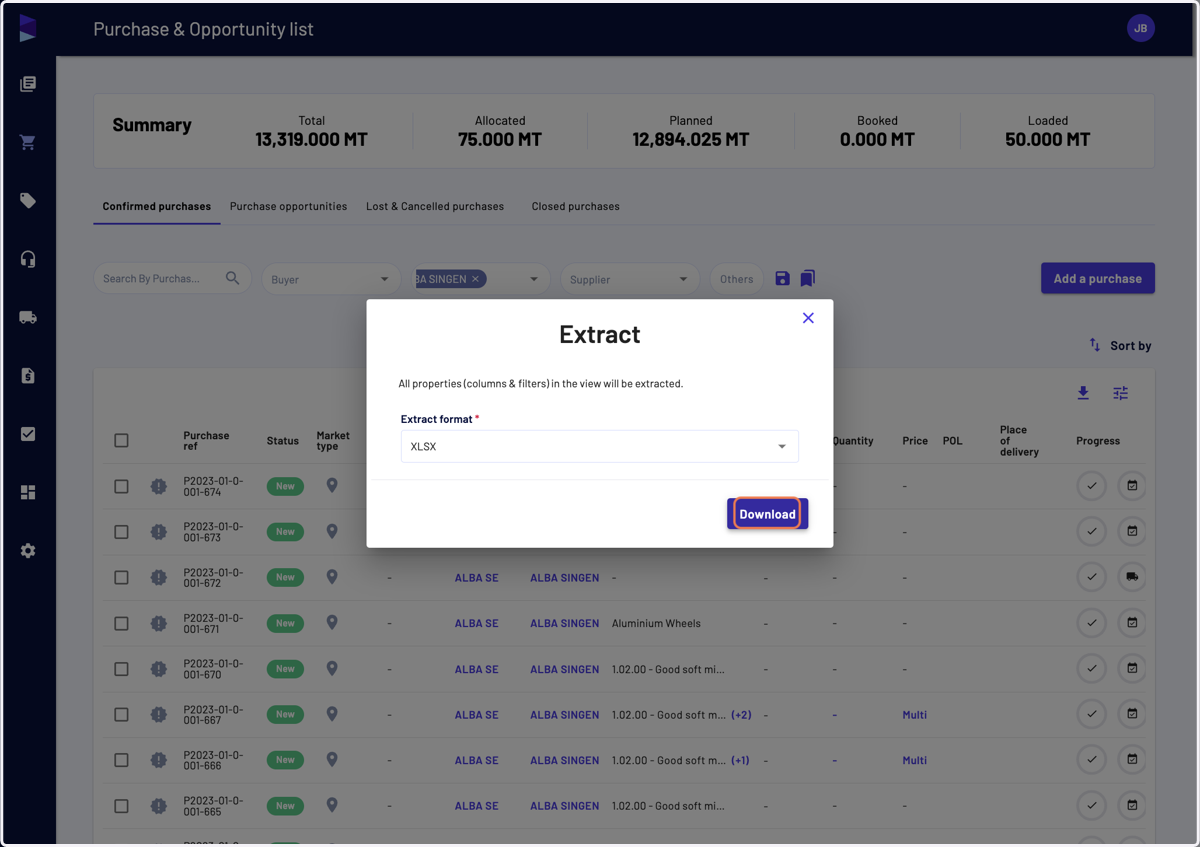 Select the extract format (.XLSX or .CSV) and click on "Download"
