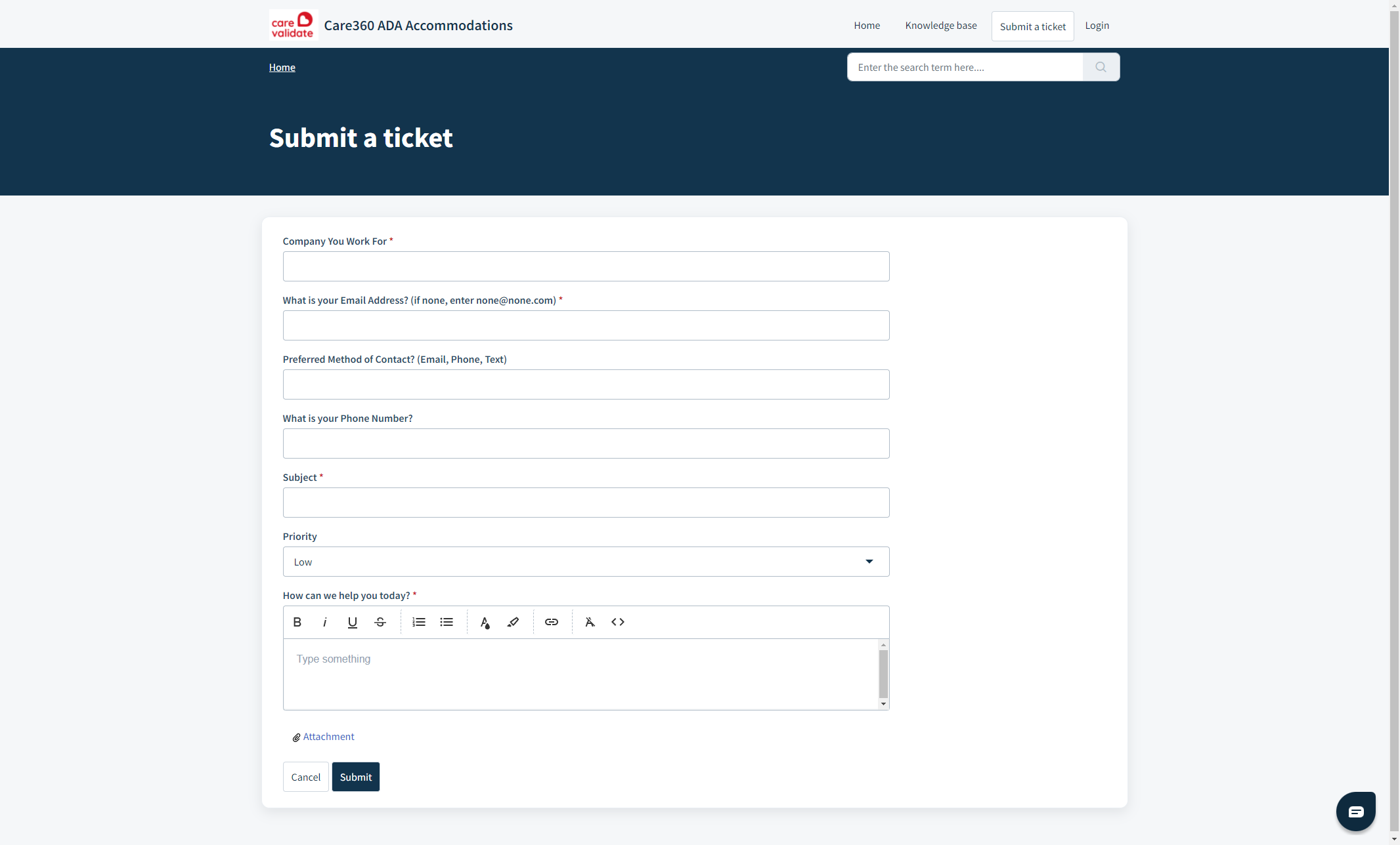 Fill out each required field on the form, attaching any screenshots or information to the message with the link at the bottom