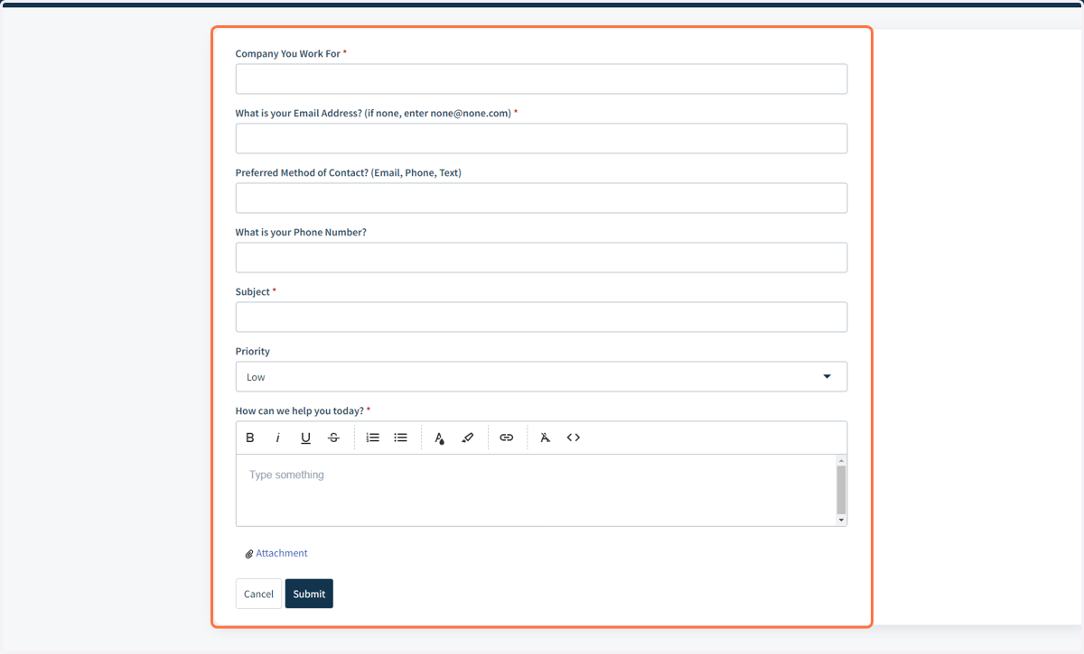 Fill out each required field on the form, attaching any screenshots or information to the message with the link at the bottom