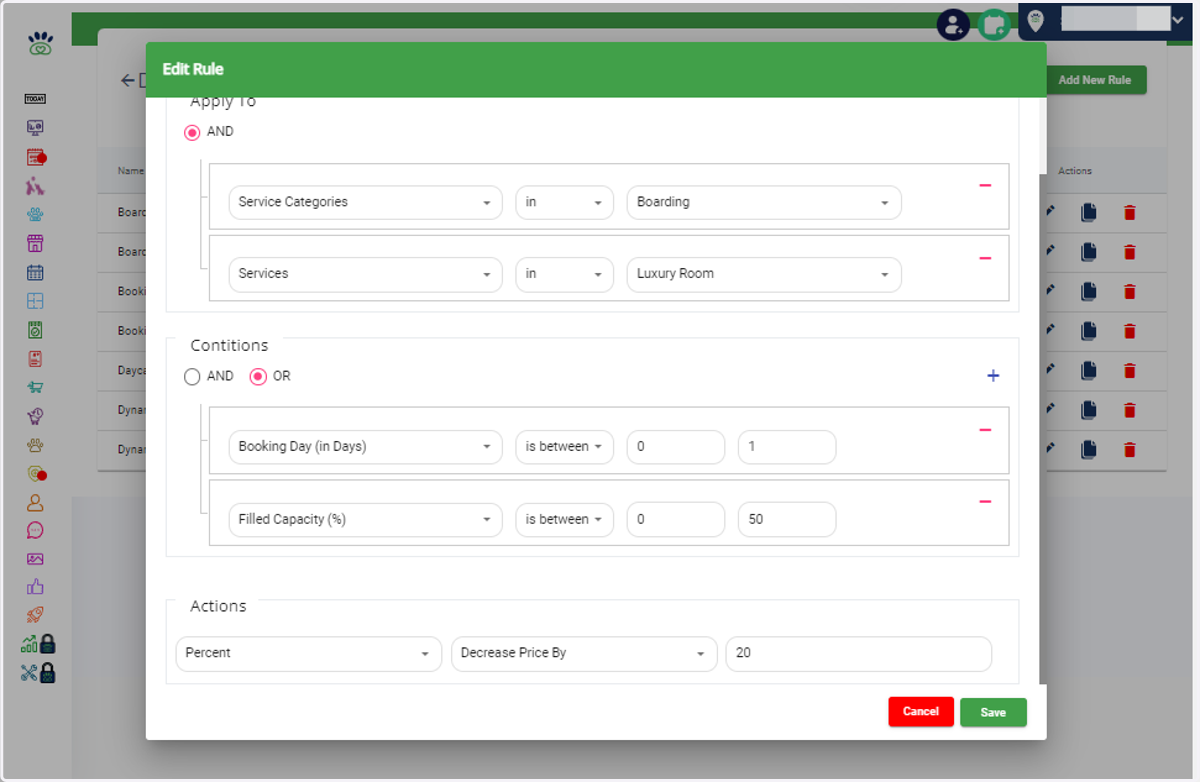 Capacity Threshold: Click on "Filled Capacity (%)" to establish a rule based on capacity.