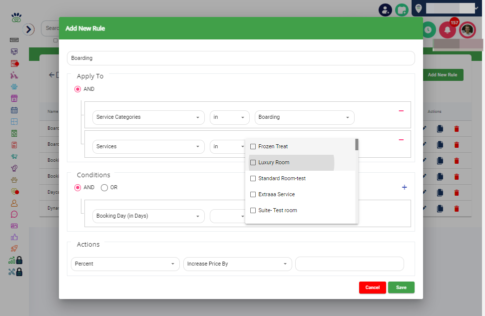 Service Selection: Choose the specific service configuration and services this rule will apply to