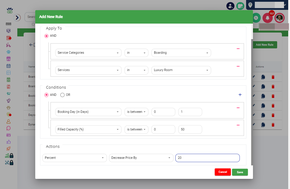 Price Adjustment: Here, you can choose between a percentage or a specific amount for the price adjustment. Determine whether the price should increase or decrease based on reaching the capacity threshold, and enter the corresponding value.