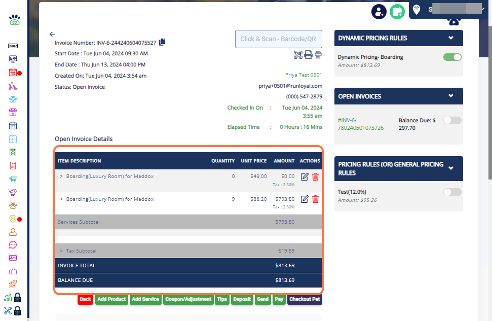 Activate Dynamic Pricing: Locate the toggle for your dynamic pricing rule on the invoice and Toggle ON to activate the dynamic pricing for that specific appointment. Price Change: Once the dynamic pricing rule is activated, you can see the adjusted p