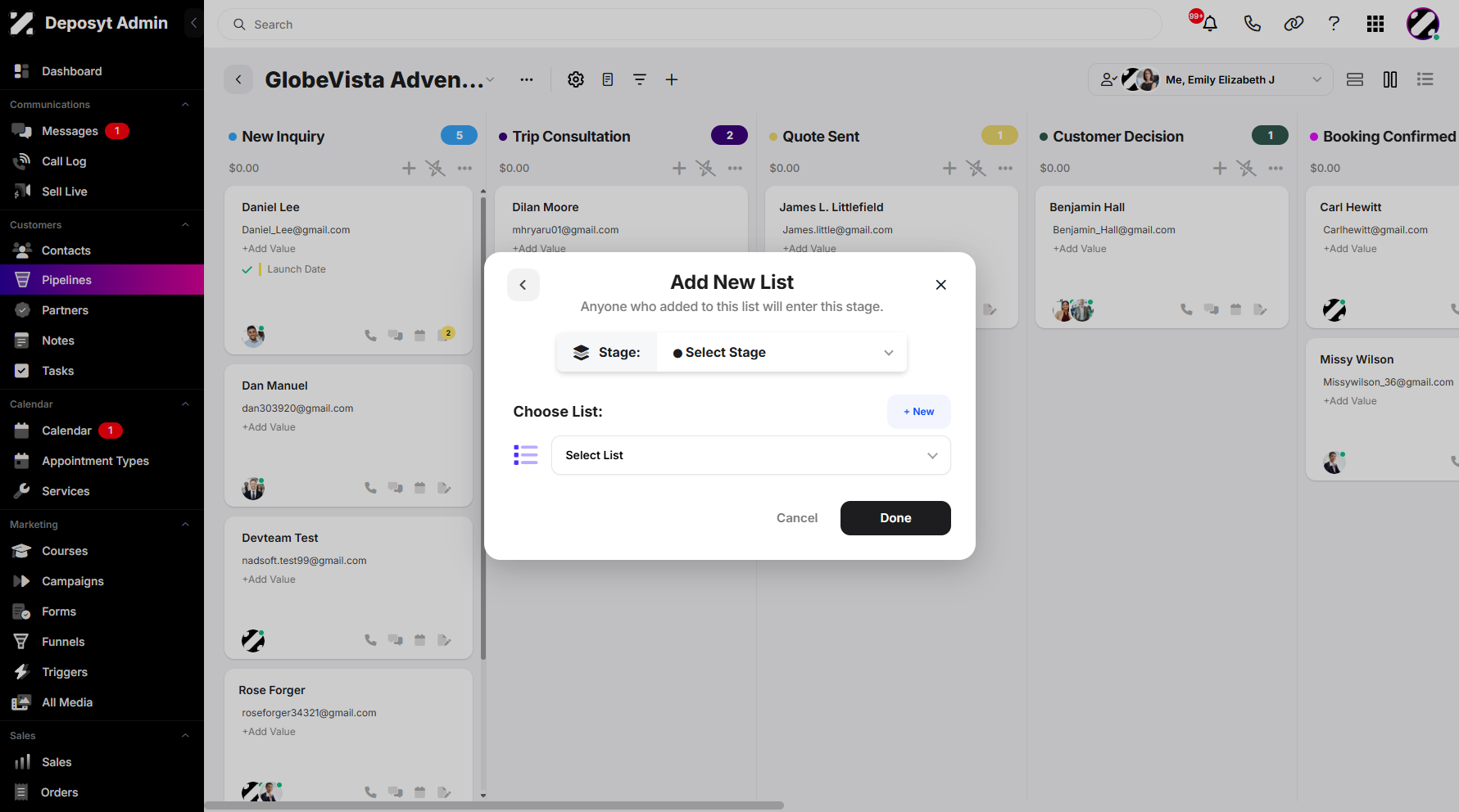 Step 8: A pop-up window will appear where you can select a stage, create a new list, or choose from an existing list.