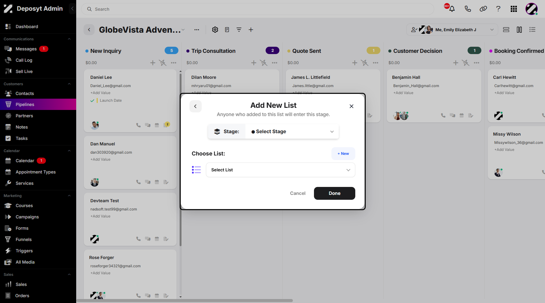 Step 8: A pop-up window will appear where you can select a stage, create a new list, or choose from an existing list.