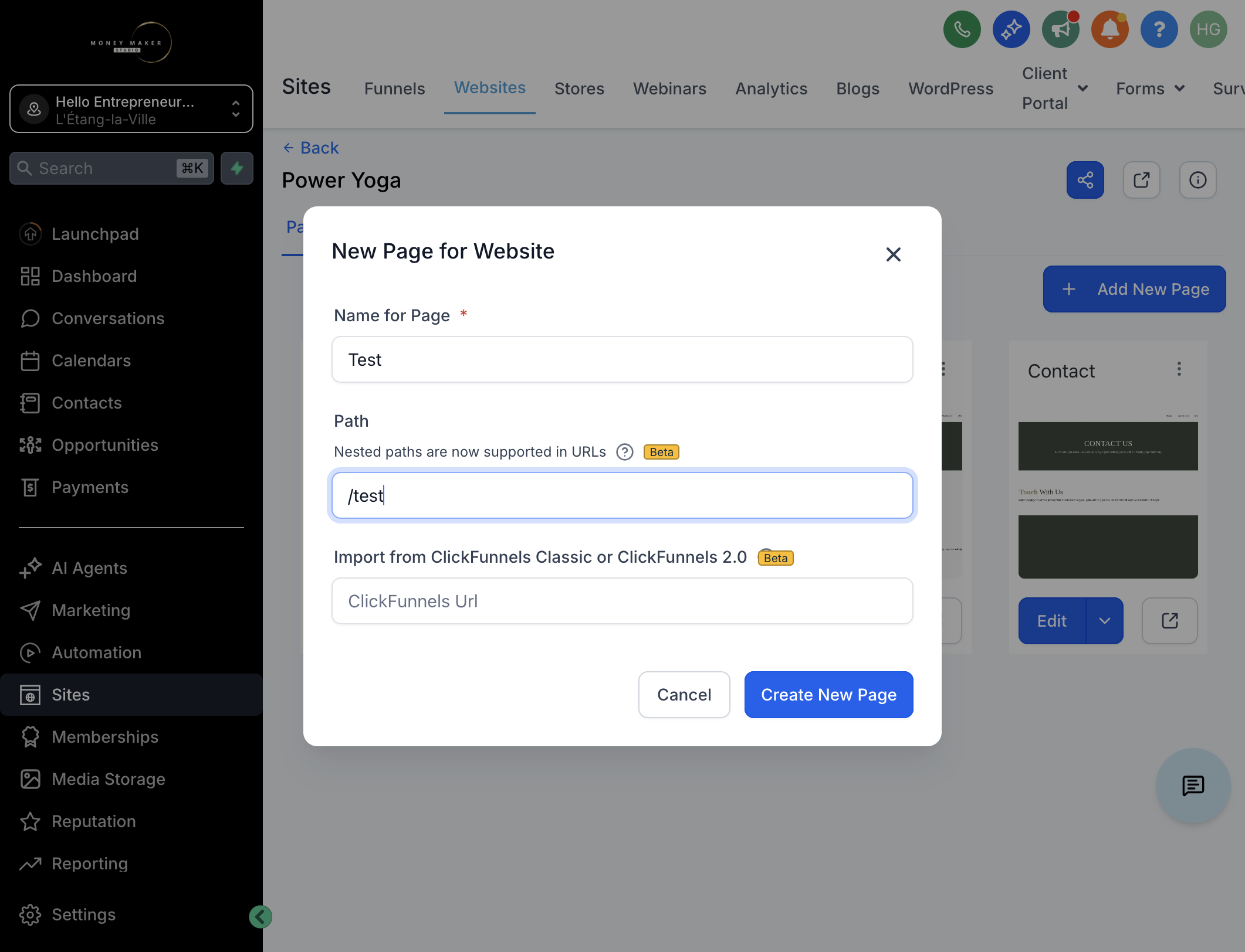 Tilpas Navn og URL for siden og klik på "Create New Page"