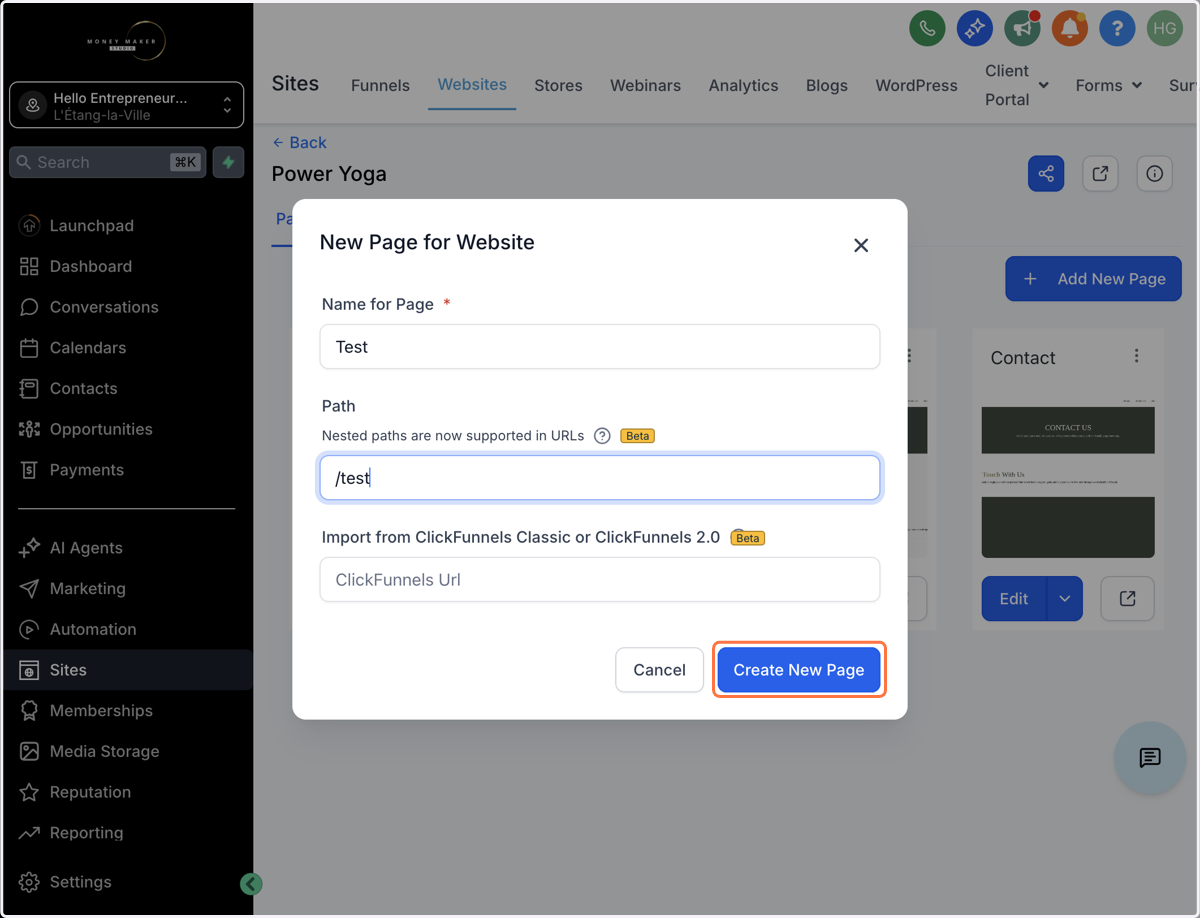 Tilpas Navn og URL for siden og klik på "Create New Page"