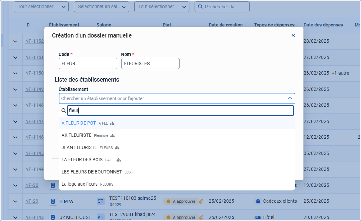 Ajouter des établissements au dossier personnalisé